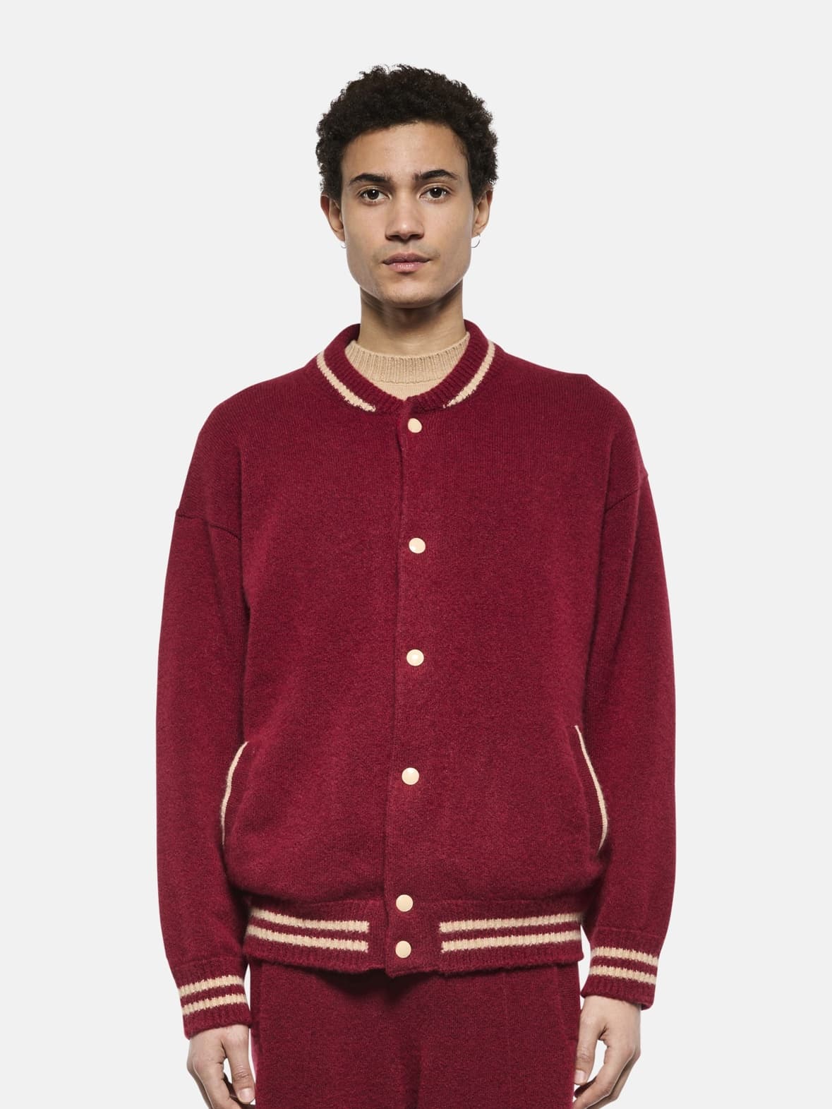 Men's Grey Red Varsity Cardigan Bomber Style Knit Jacket Snap Button Collegiate Stripe Wool