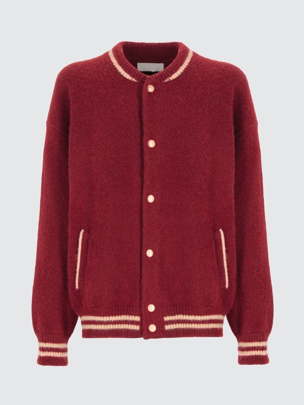 Men's Grey Red Varsity Cardigan Bomber Style Knit Jacket Snap Button Collegiate Stripe Wool — view 5