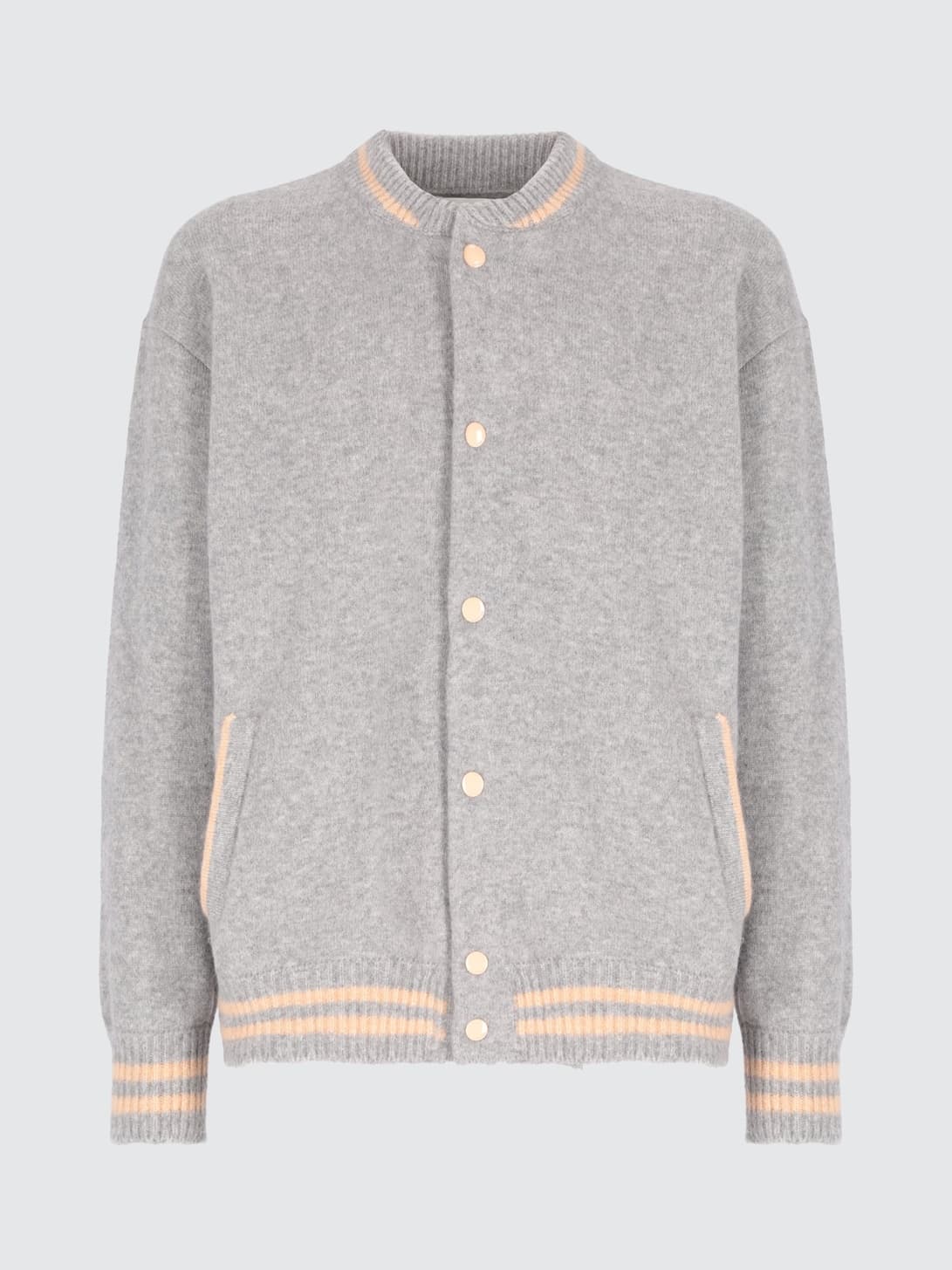 Men's Grey Red Varsity Cardigan Bomber Style Knit Jacket Snap Button Collegiate Stripe Wool — view 6