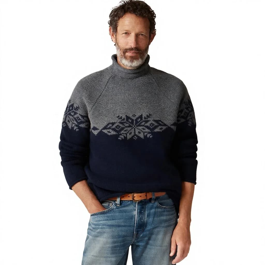 Men's Grey Snowflake Turtleneck Sweater Nordic Pattern