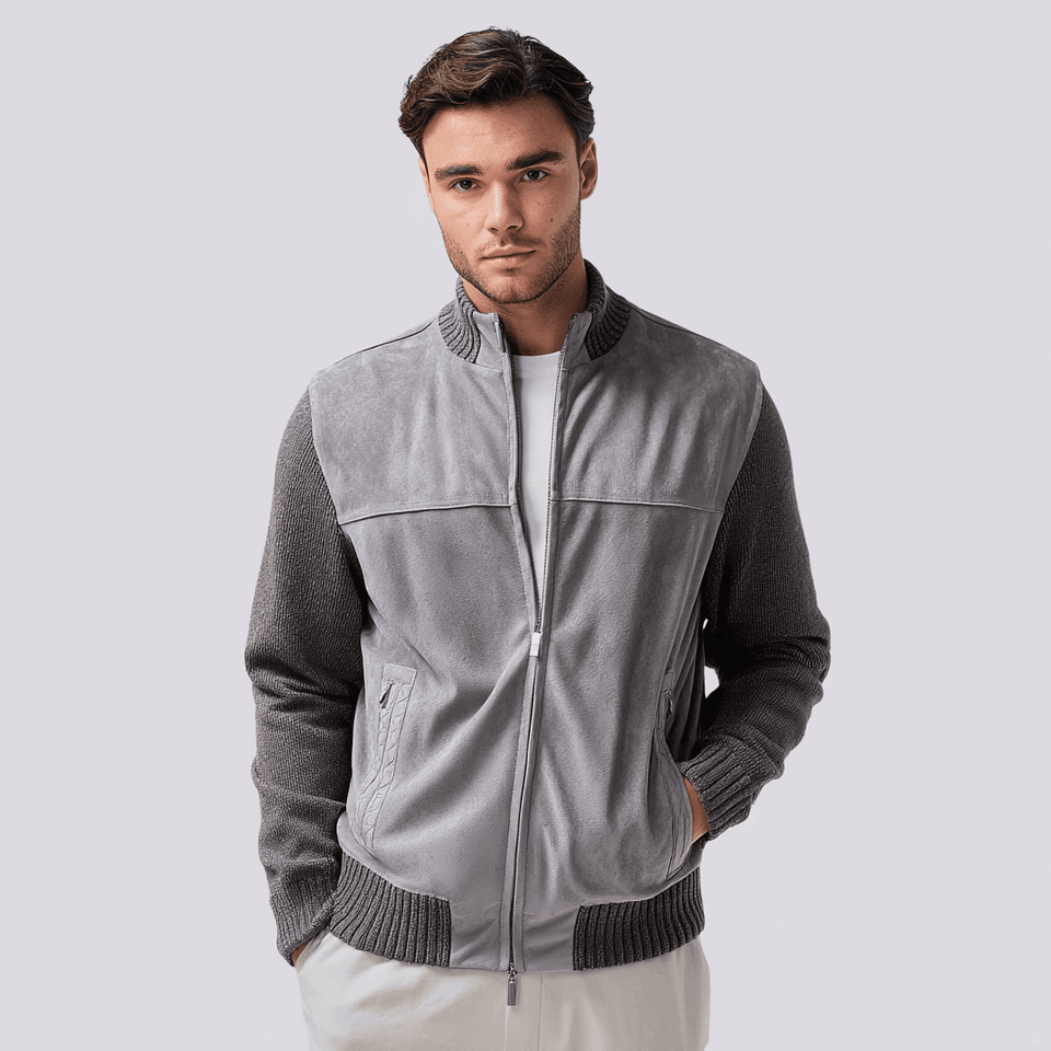 Men's Grey Suede Front Knit Sleeve Bomber Jacket