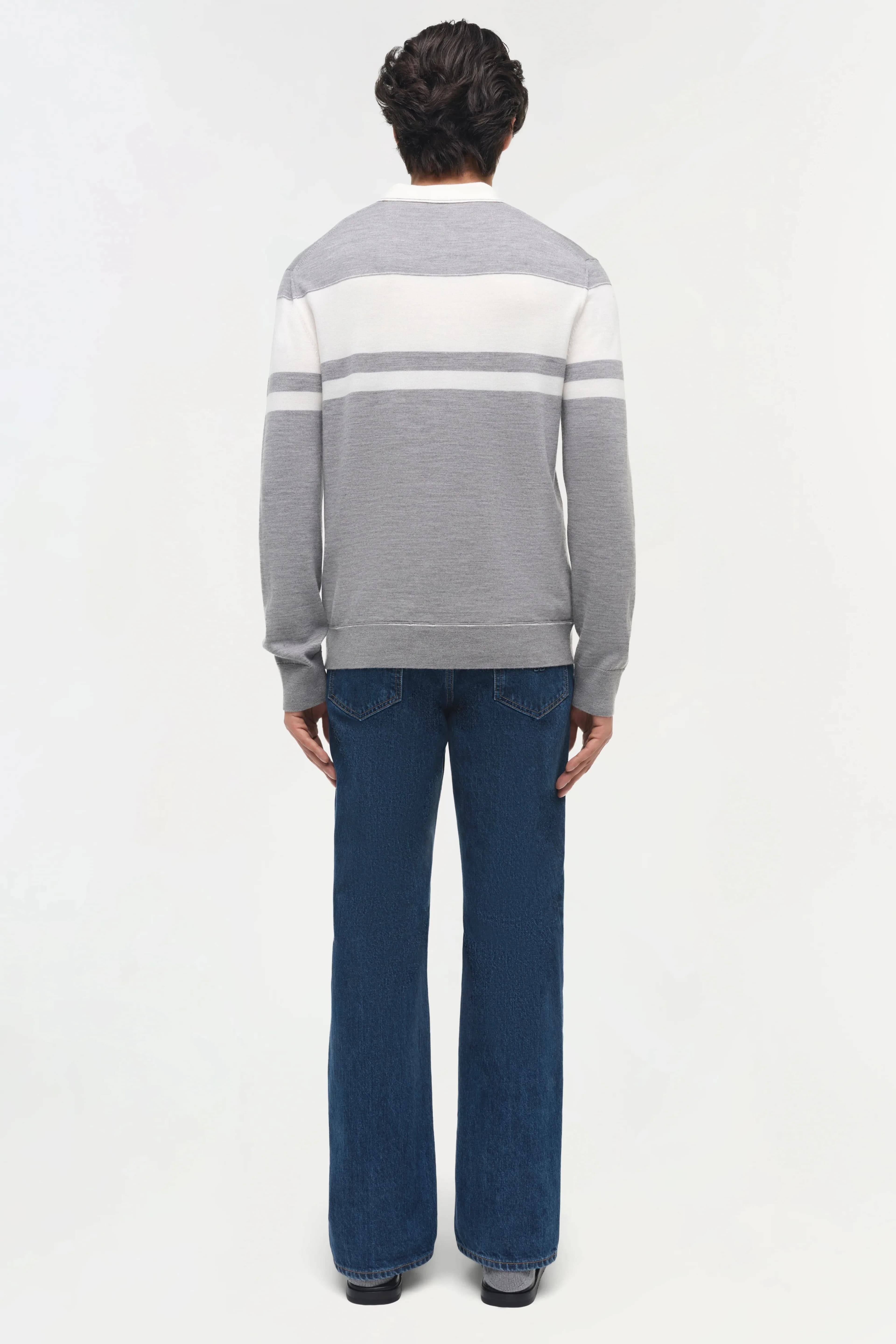 Men's Grey White Striped Button Placket Polo Sweater — view 5