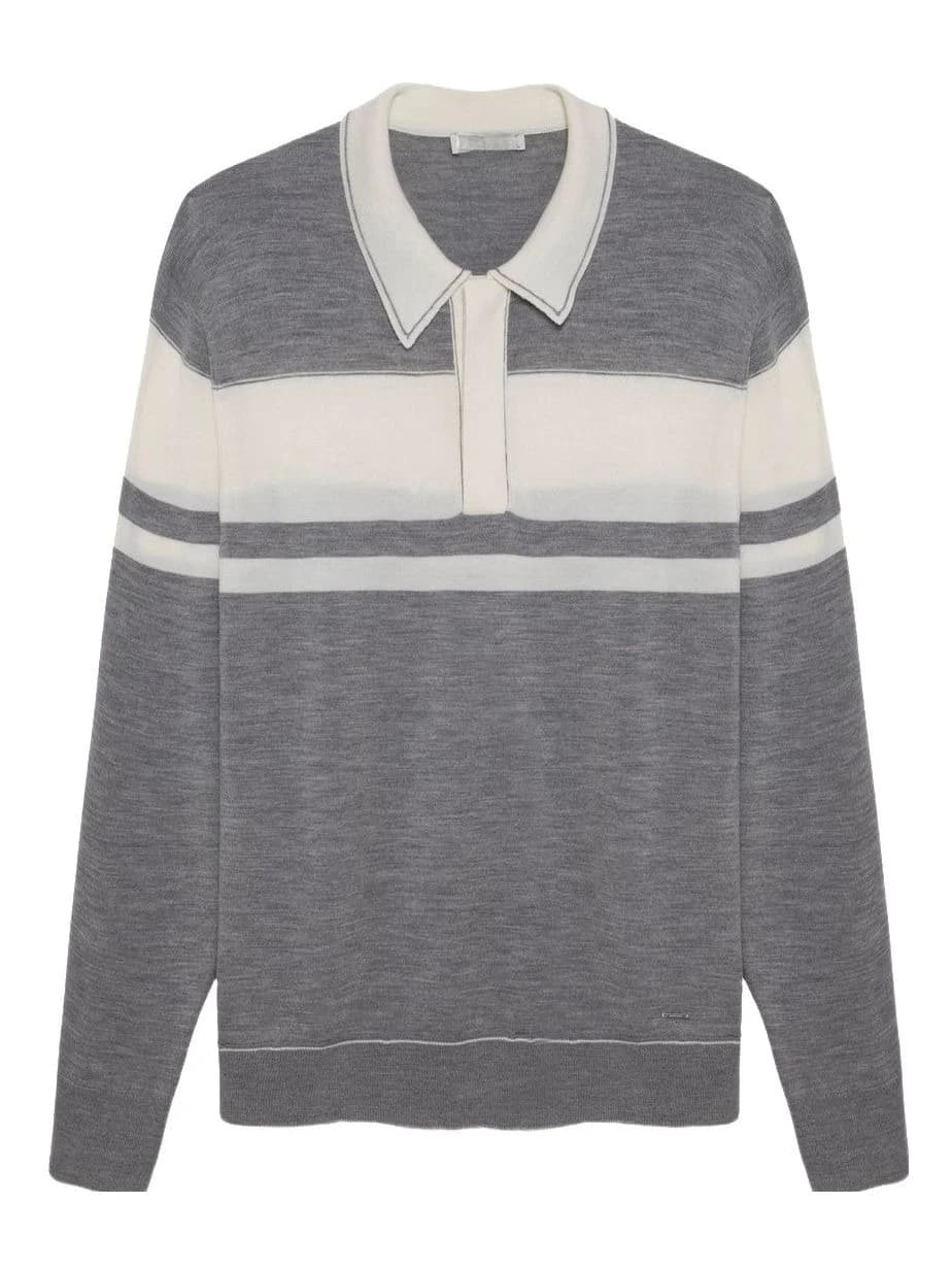 Men's Grey White Striped Button Placket Polo Sweater — view 6