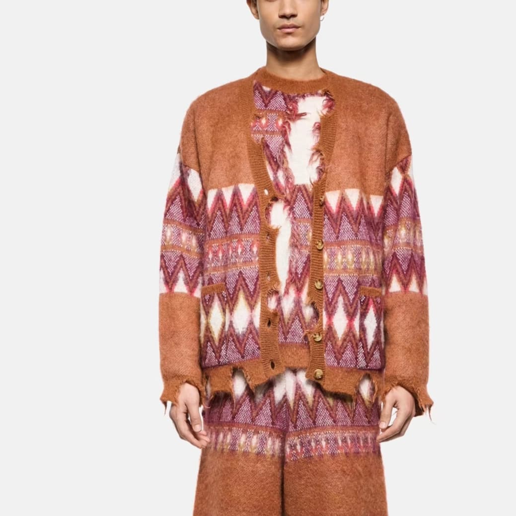 Men's Grunge Red Fair Isle Cardigan Knit V Neck Geometric Streetwear