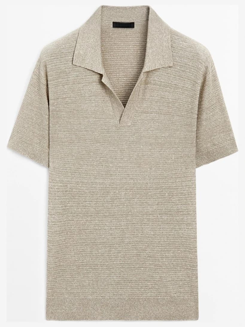 Men's Horizontal Ribbed Polo Cotton Silk Blend Johnny Collar Pullover — view 5