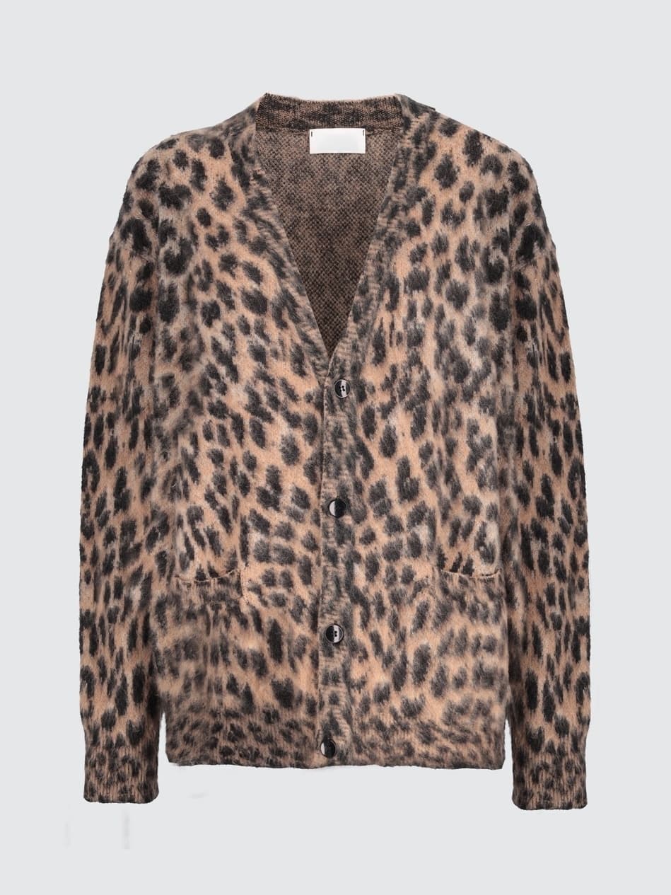 Men's Leopard Print Cardigan Animal Pattern V Neck Brushed Knit — view 5