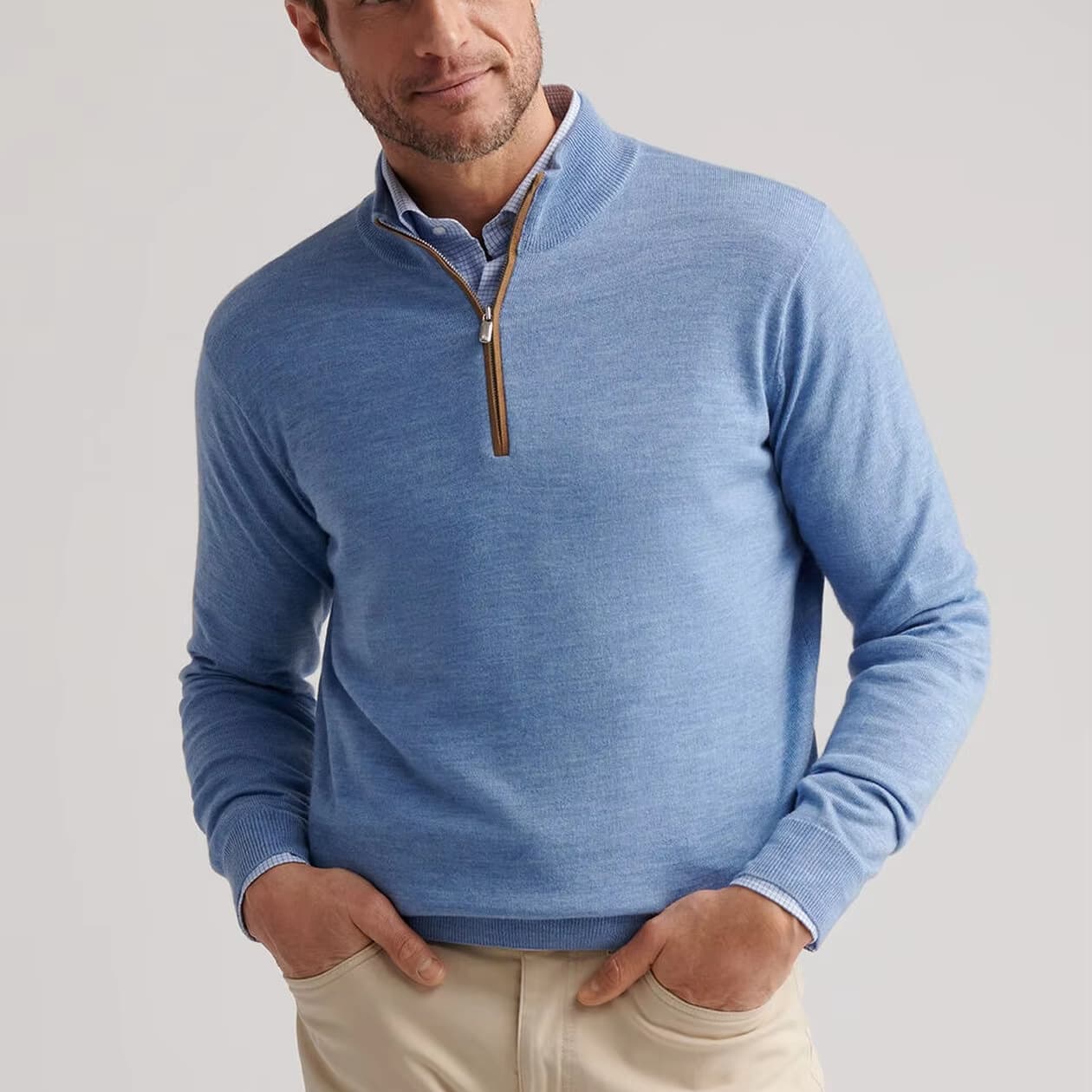 Men's Light Blue Quarter Zip Sweater Mock Neck Wool Blend Casual Pullover