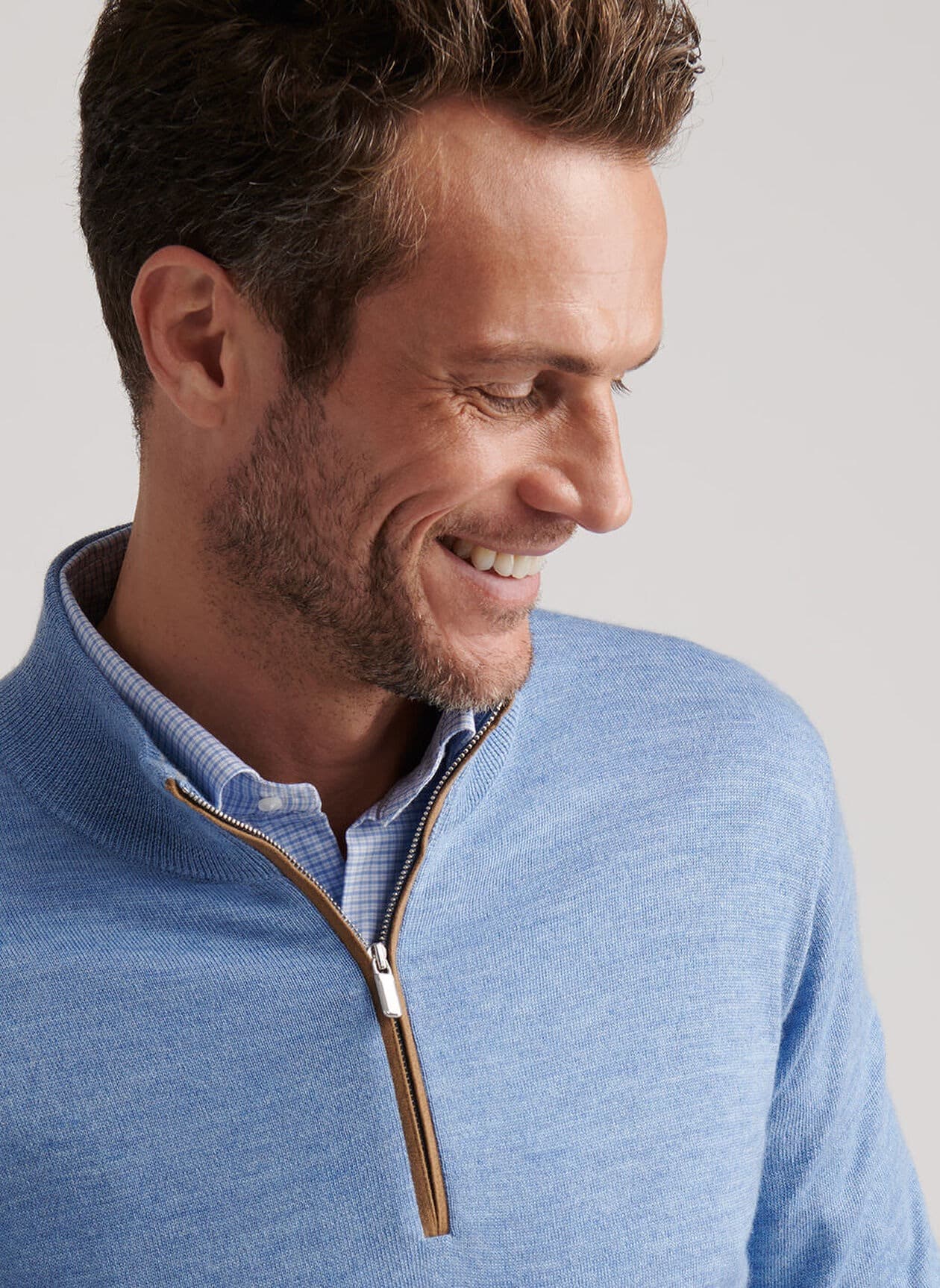 Men's Light Blue Quarter Zip Sweater Mock Neck Wool Blend Casual Pullover — view 3