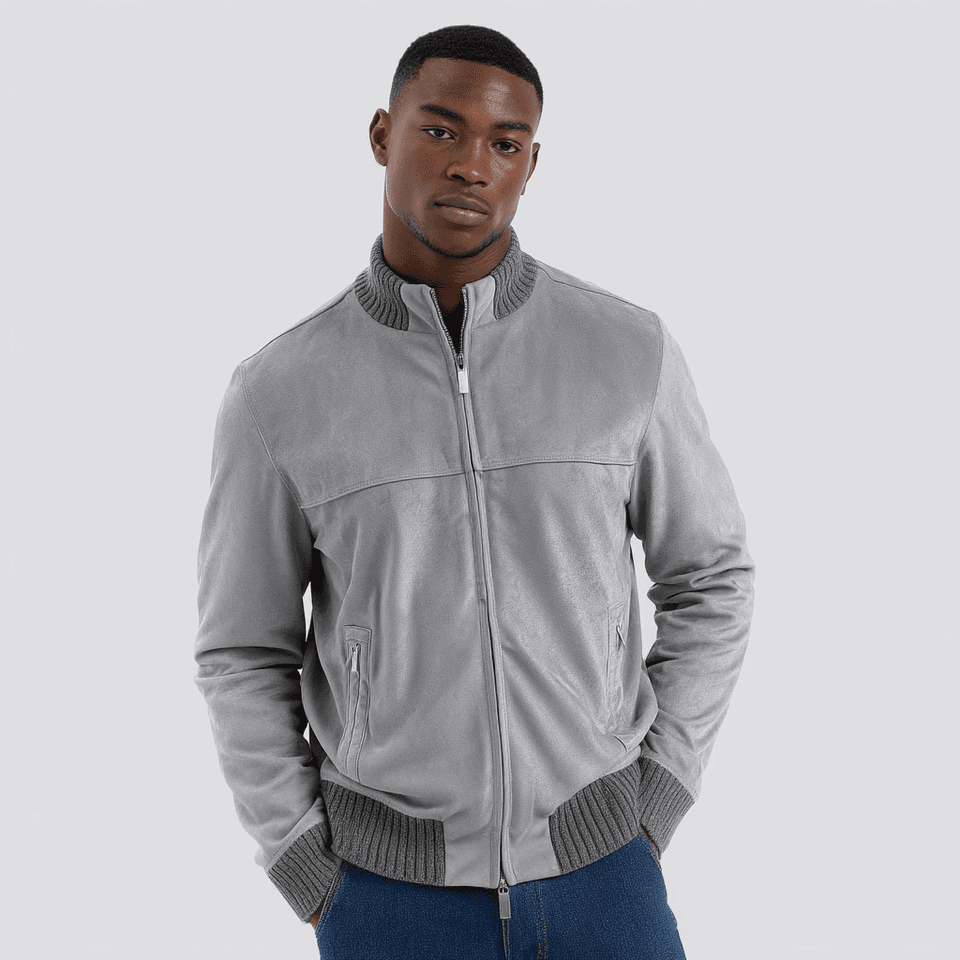 Men's Light Grey Suede Bomber Jacket Ribbed Knit Trim