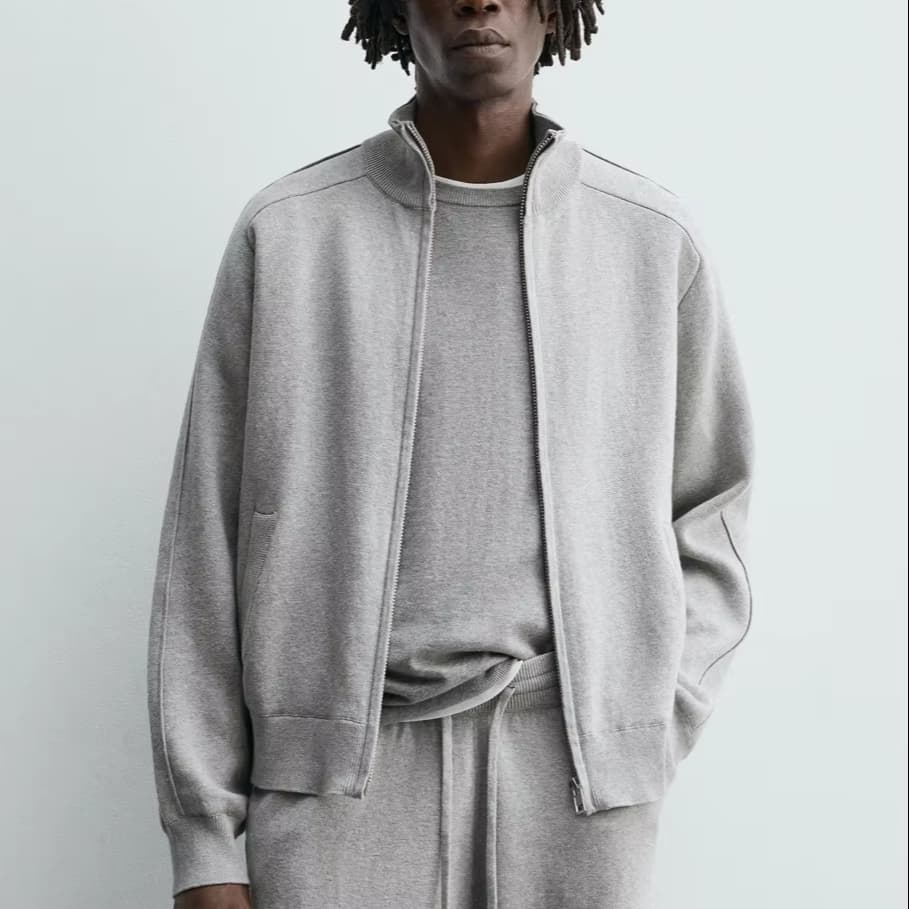 Men's Luxury Grey Melange Full Zip Knit Track Jacket Double Face Wool Cotton Sport
