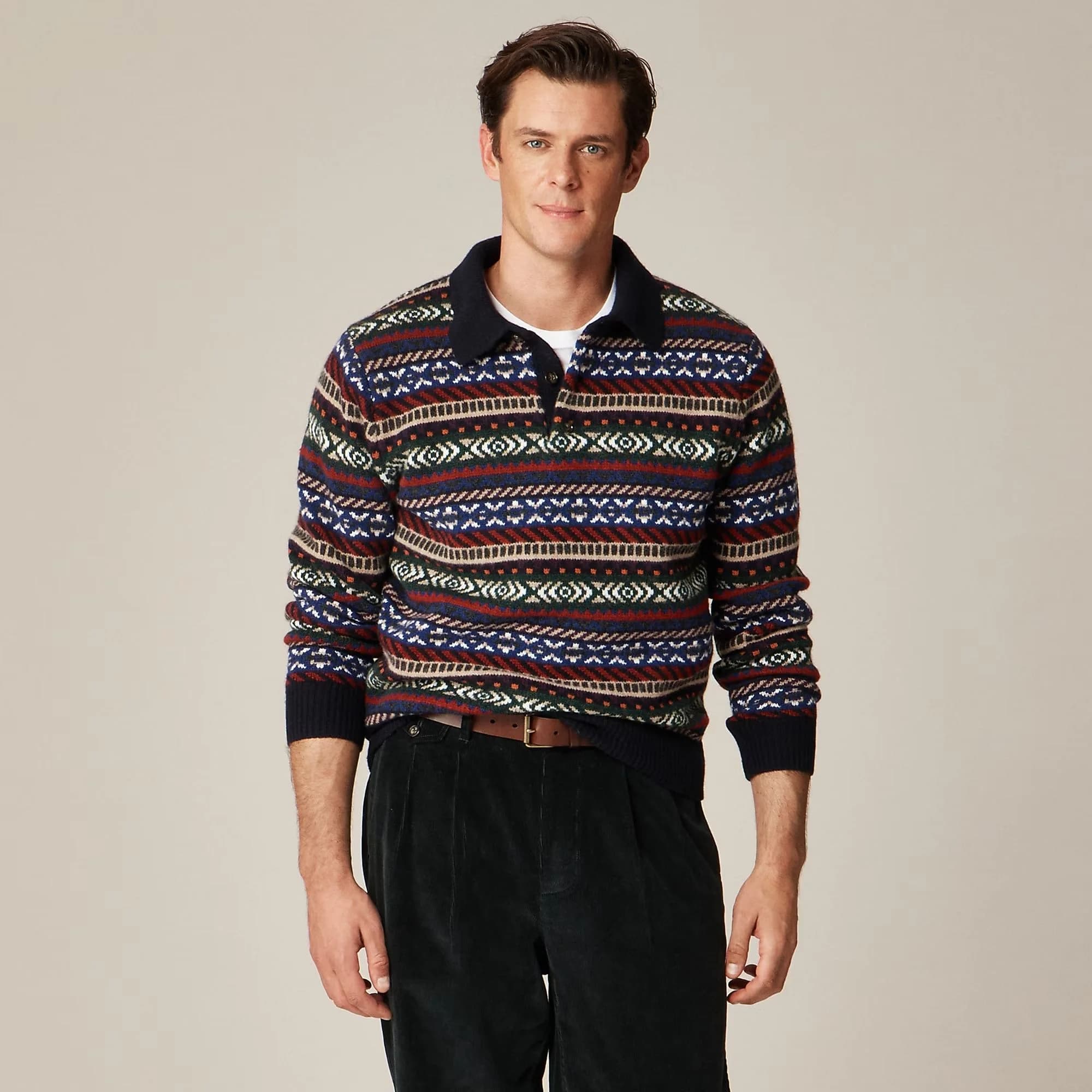 Men's Multi Colour Striped Nordic Polo Sweater Fair Isle