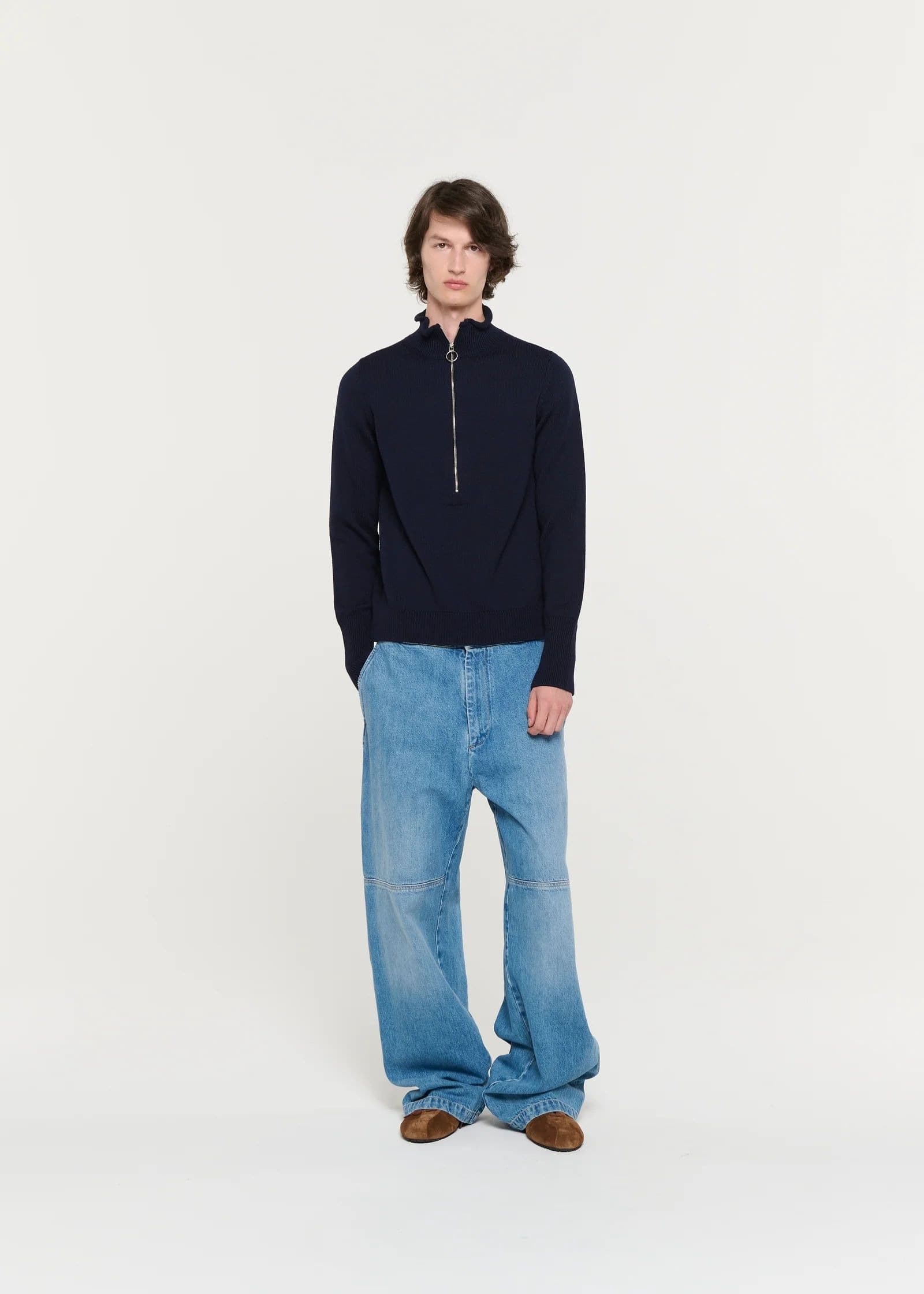 Men's Navy Blue Half Zip Sweater Mock Neck Wool Blend Minimalist — view 5