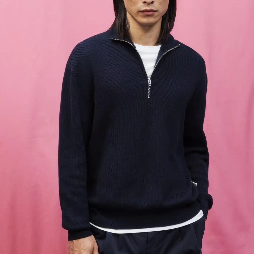 Men's Navy Blue Quarter Zip Sweater Mock Neck Wool Blend Minimalist Pullover