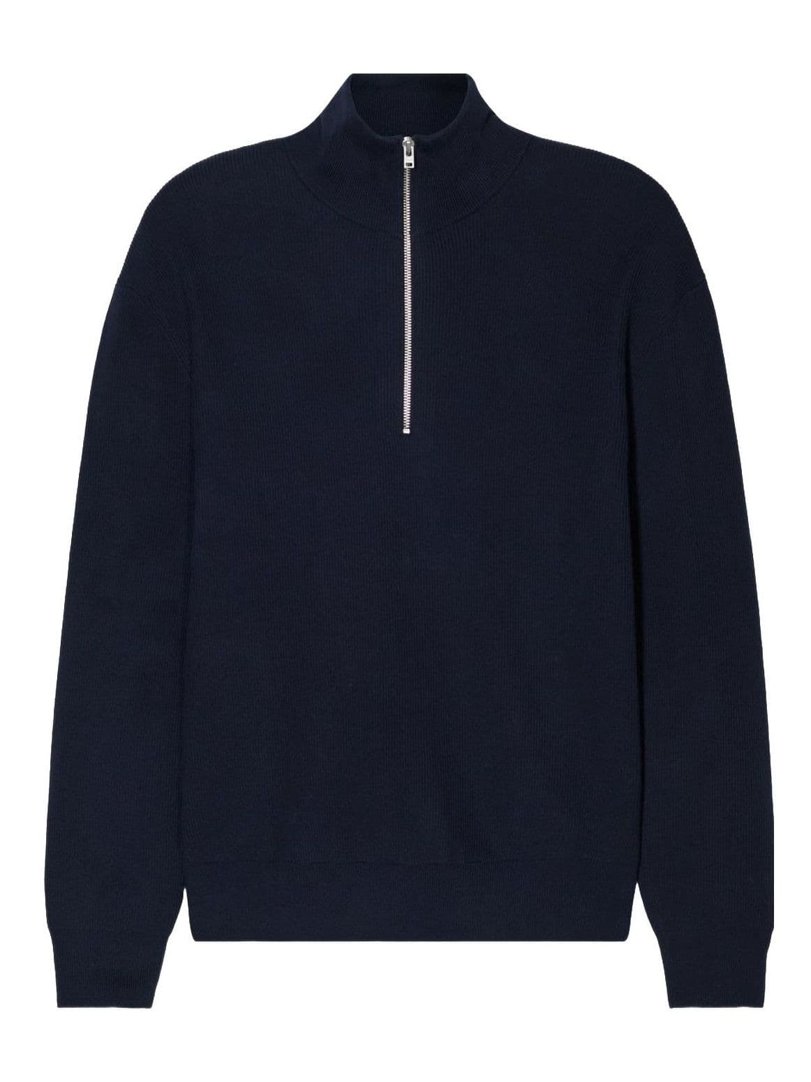 Men's Navy Blue Quarter Zip Sweater Mock Neck Wool Blend Minimalist Pullover — view 6