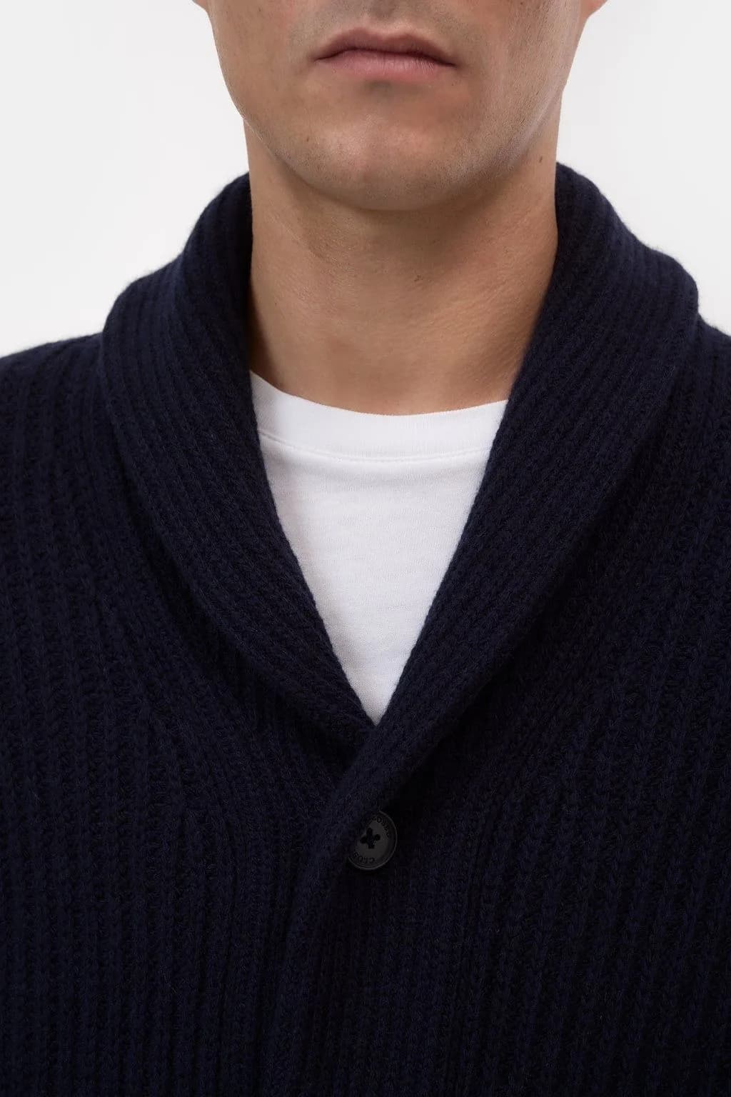Men's Navy Blue Shawl Collar Cardigan Button Ribbed Knit — view 5