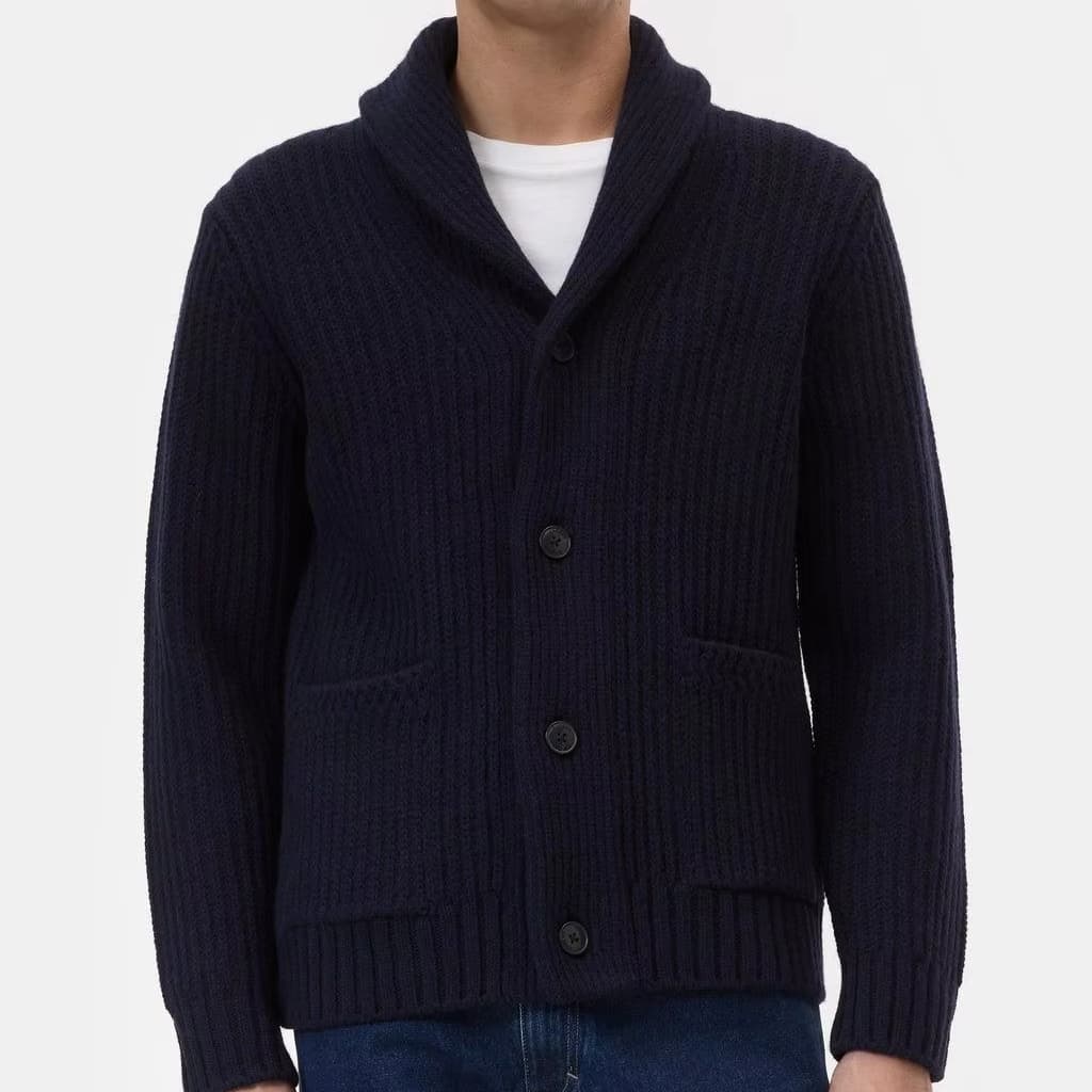 Men's Navy Blue Shawl Collar Cardigan Button Ribbed Knit Sweater