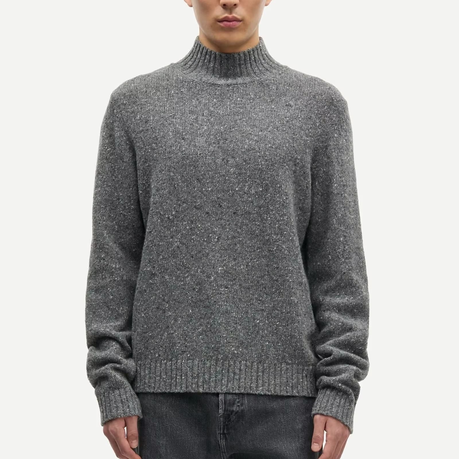 Men's Navy Blue Textured Crew Neck Sweater Geometric Knit Pattern Pullover