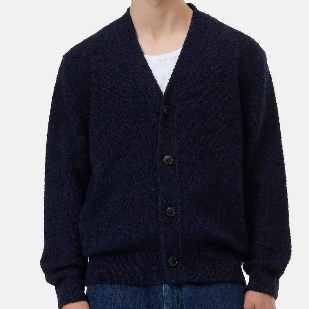 Men's Navy Blue V Neck Cardigan Brushed Mohair Look Button Sweater