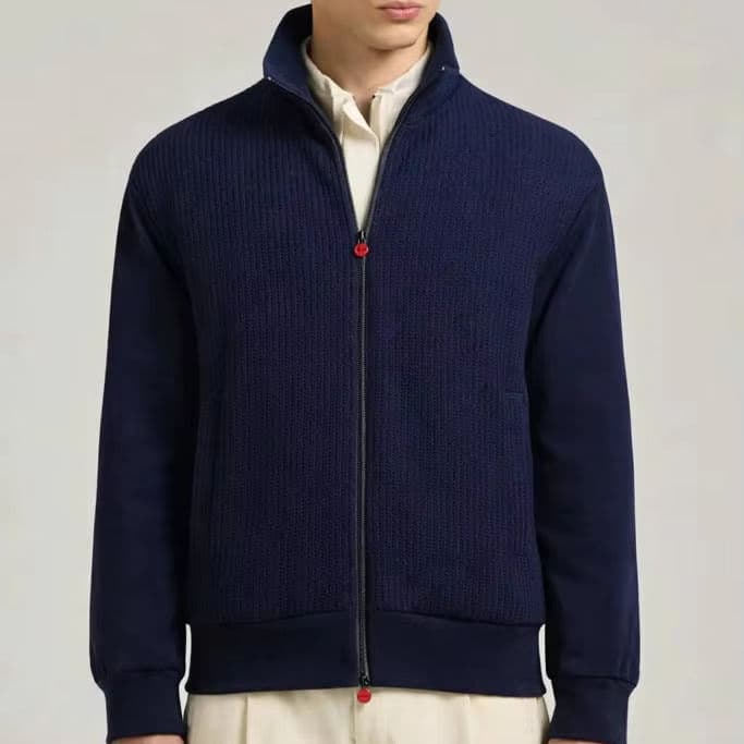 Men's Navy Knit Bomber Jacket Woven Sleeves