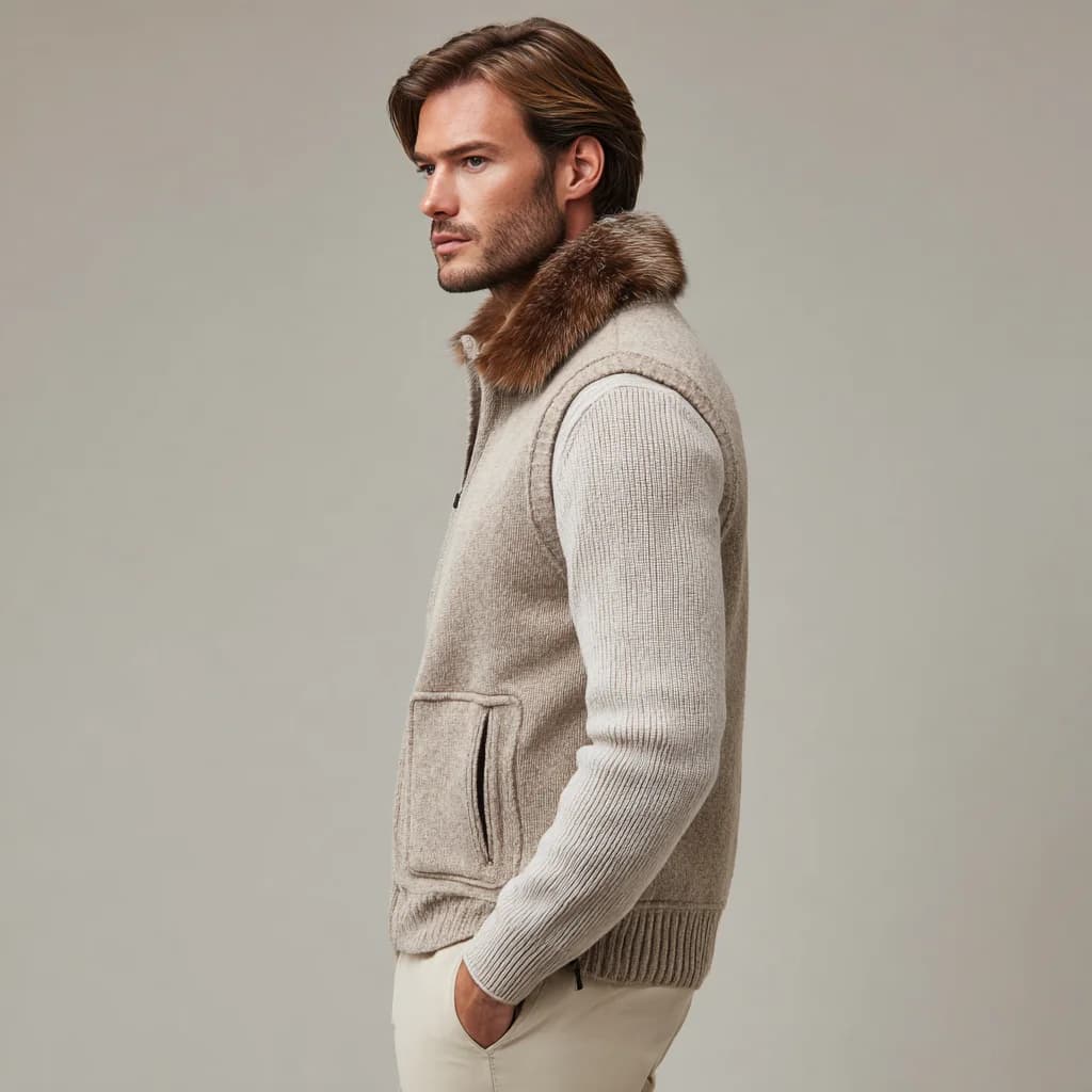 Men's Navy Marl Woolen Tweed V Neck Vest — view 5