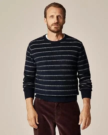 Men's Navy Blue Thin White Stripe Crew Neck Sweater