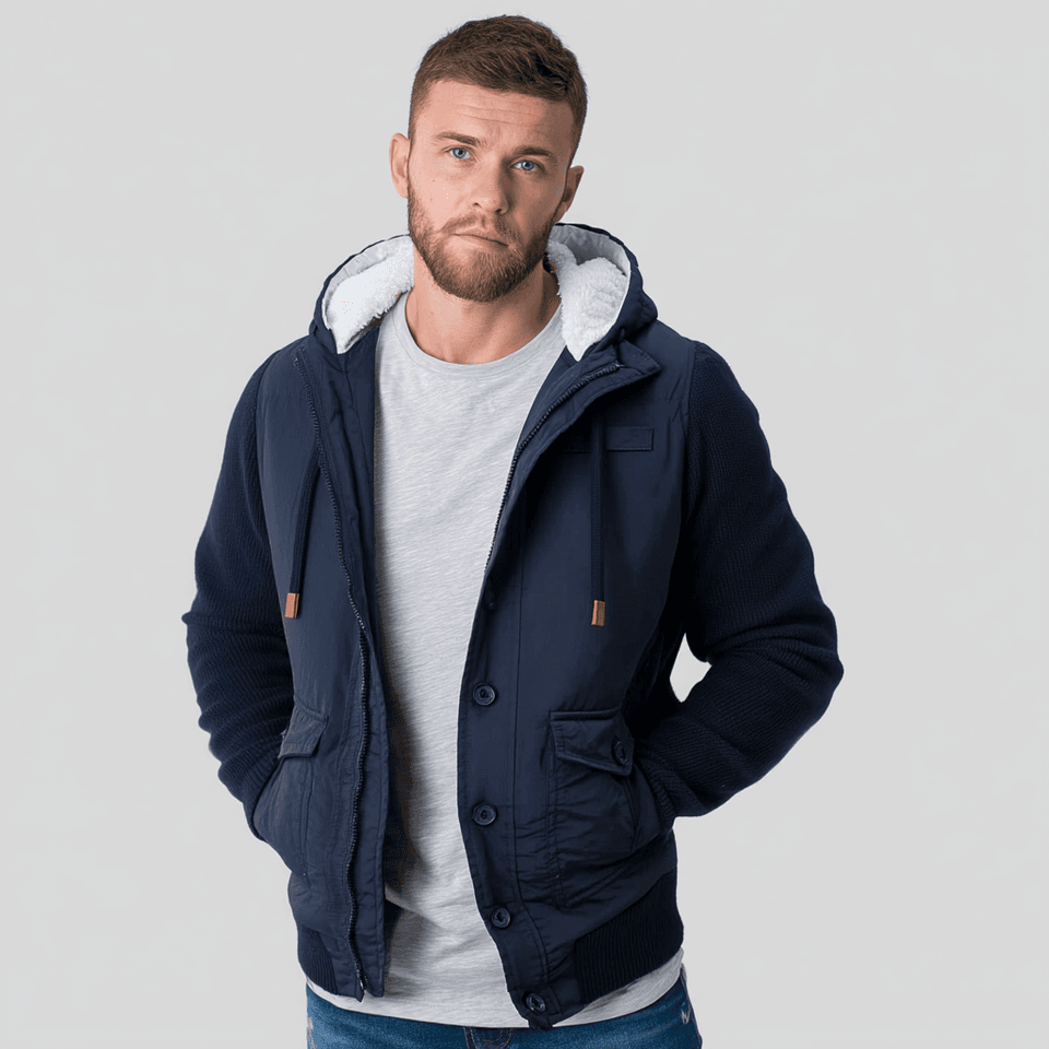 Men's Navy Woolen Puffer Hoodie Jacket