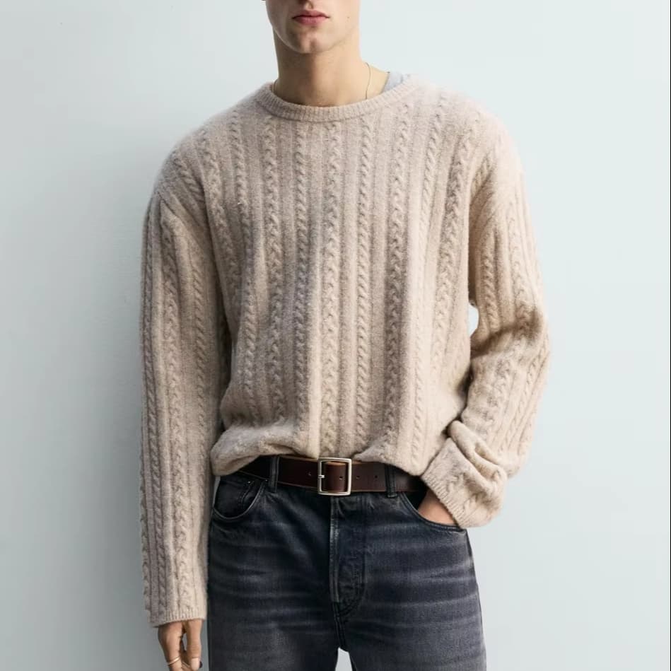 Men's Oatmeal Beige Cable Knit Crew Neck Sweater Wool Alpaca Blend Textured Casual
