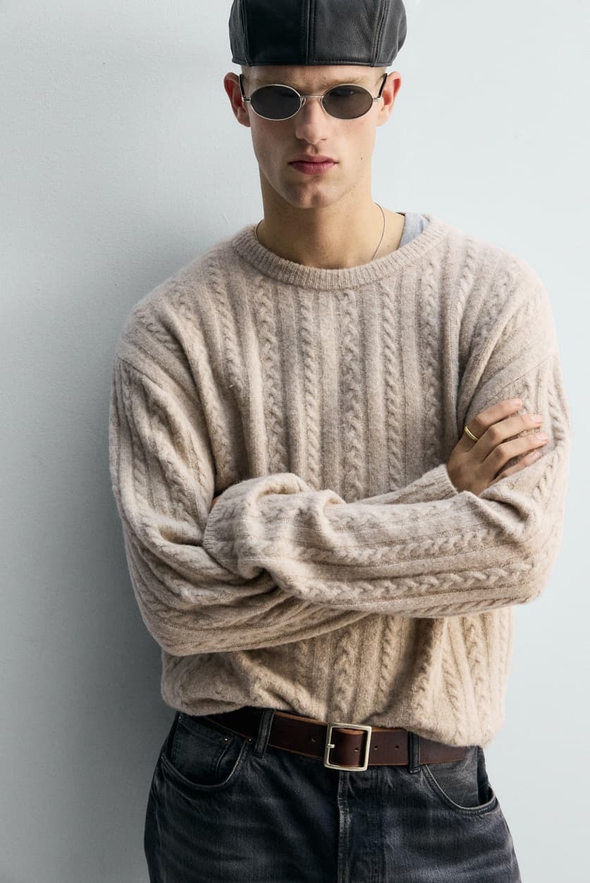 Men's Oatmeal Beige Cable Knit Crew Neck Sweater Wool Alpaca Blend Textured Casual — view 5