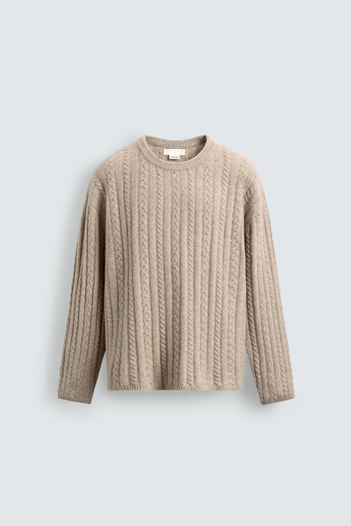 Men's Oatmeal Beige Cable Knit Crew Neck Sweater Wool Alpaca Blend Textured Casual — view 6