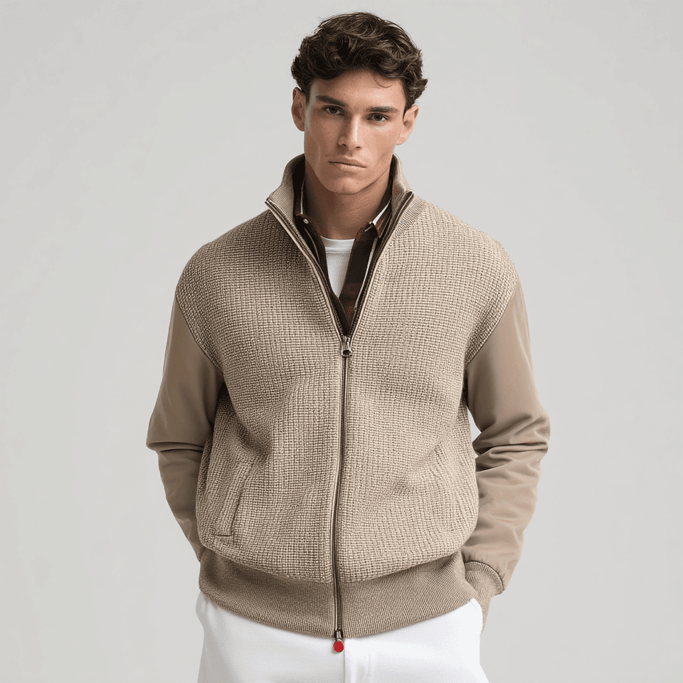 Men's Oatmeal Knit Full Zip Bomber Jacket