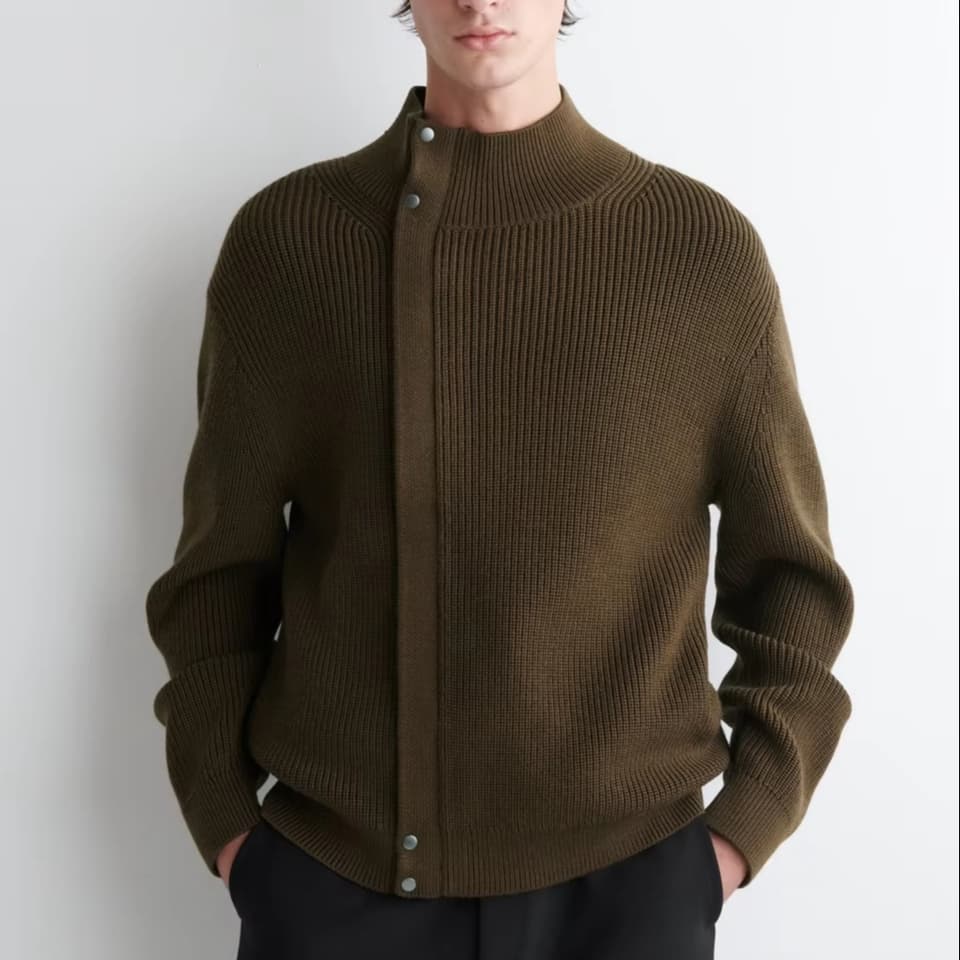 Men's Olive Green Ribbed Mock Neck Knit Cardigan