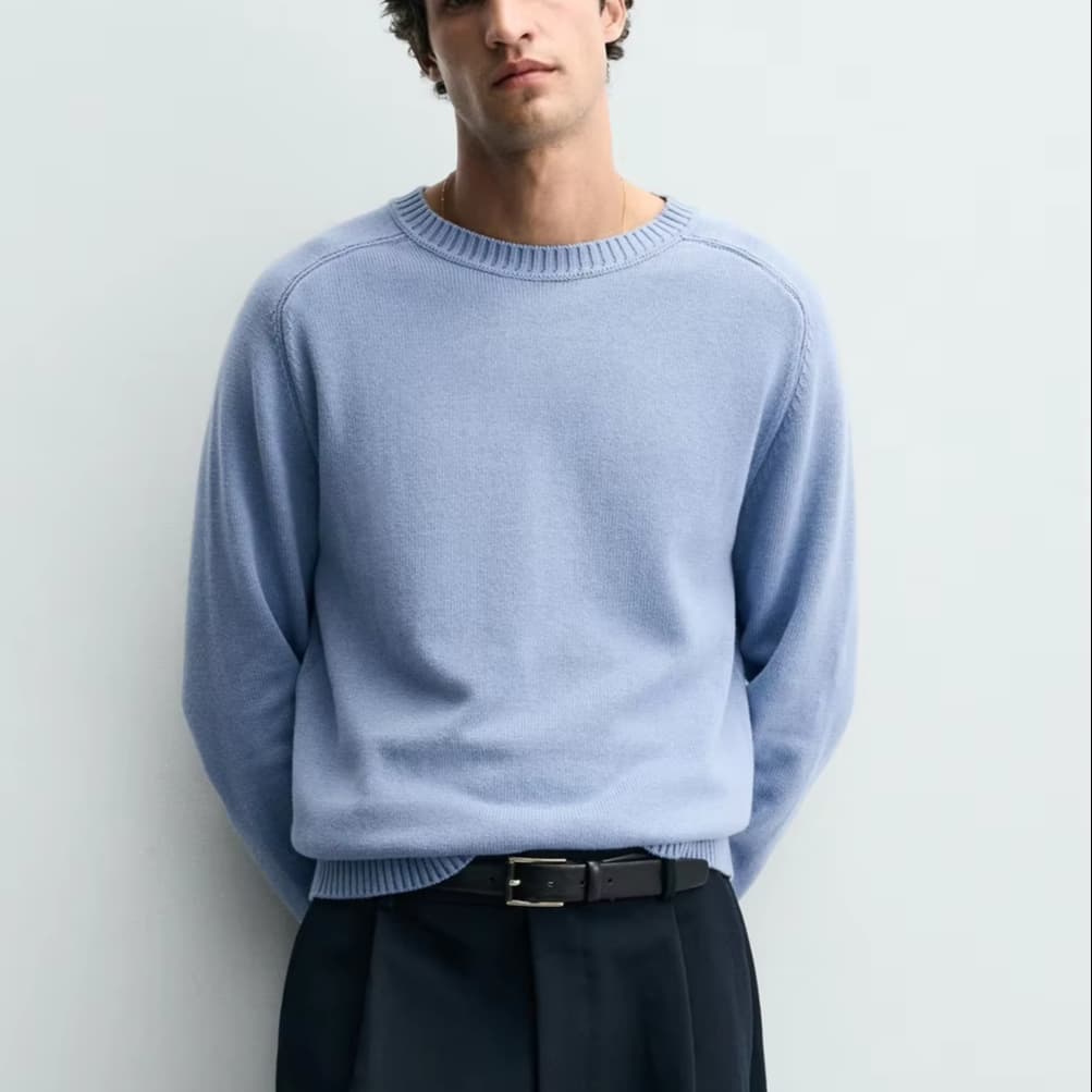 Men's Periwinkle Blue Crew Neck Sweater Cotton Cashmere Blend Raglan Sleeve Spring Casual