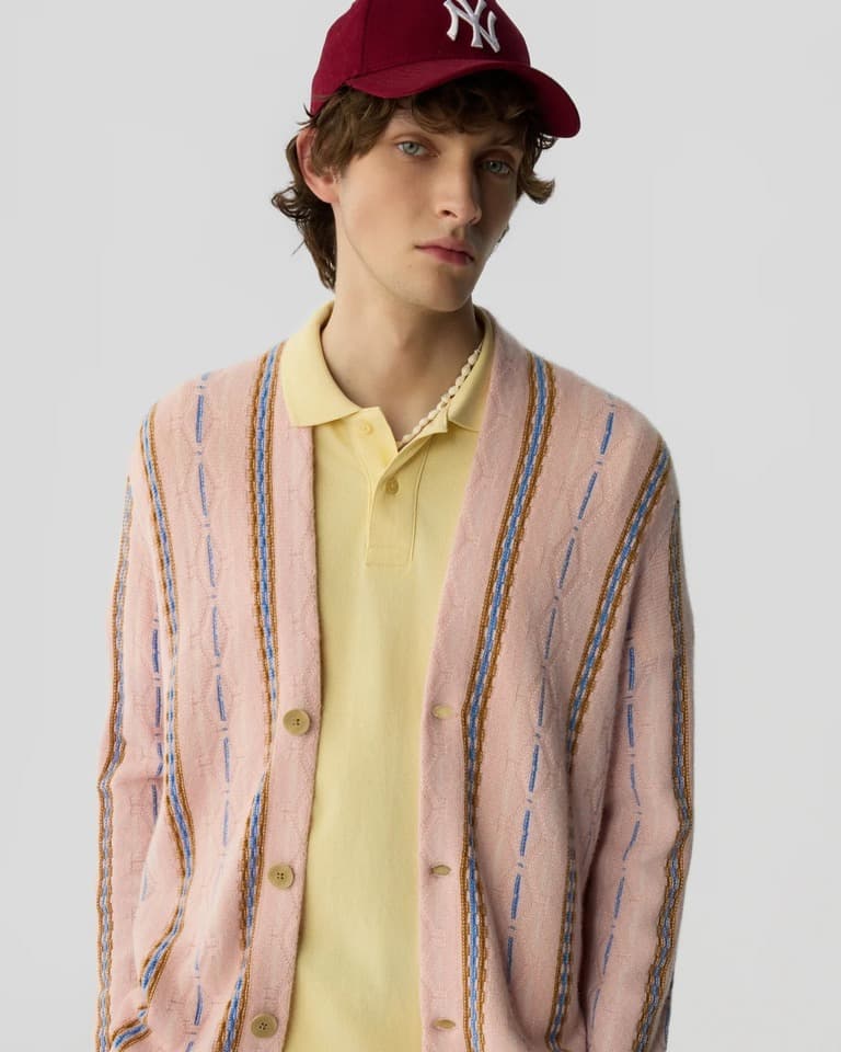 Men's Pink Pinstripe V Neck Knit Cardigan