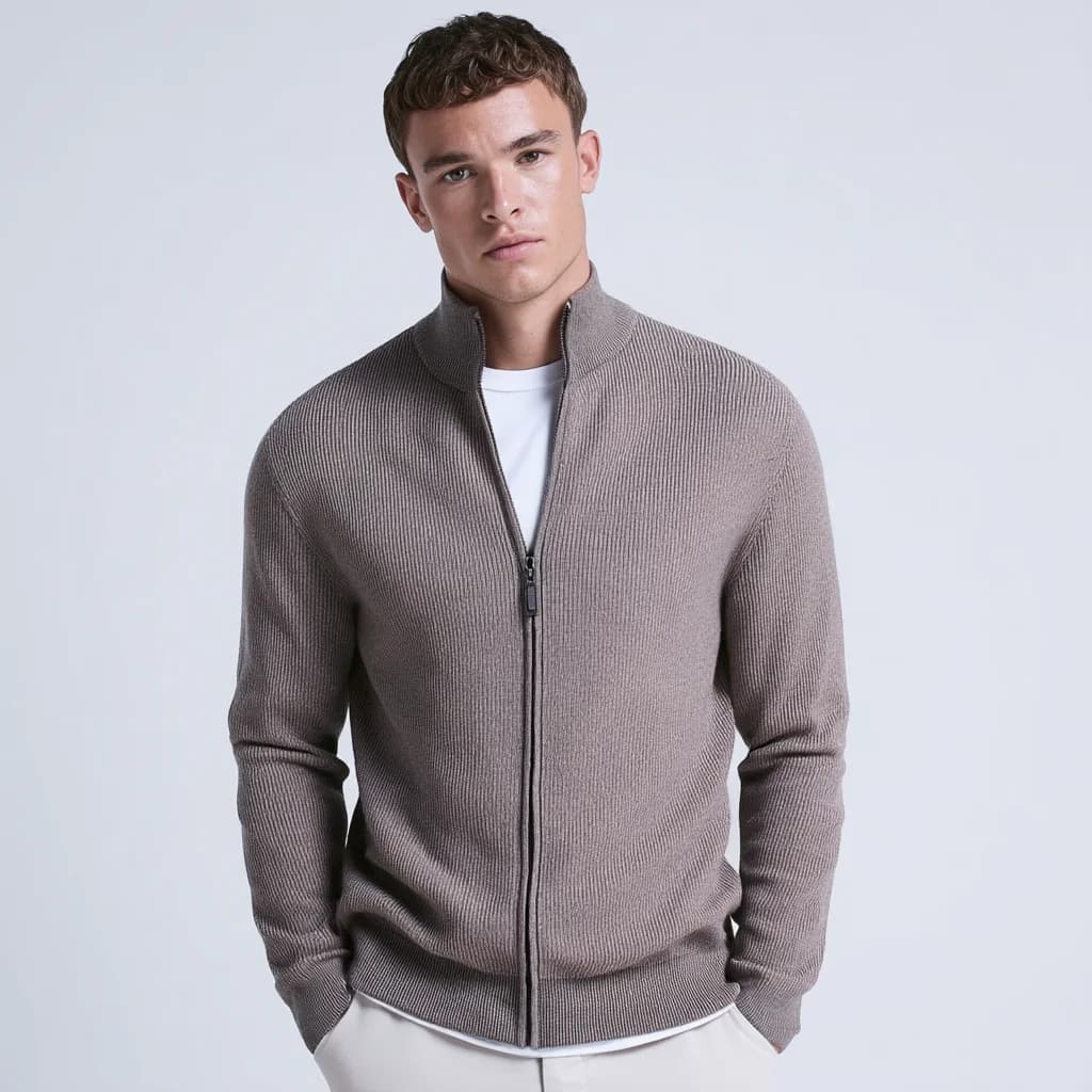 Men's Premium Cotton Cashmere Full Zip Cardigan Ribbed Stand Collar With Pockets