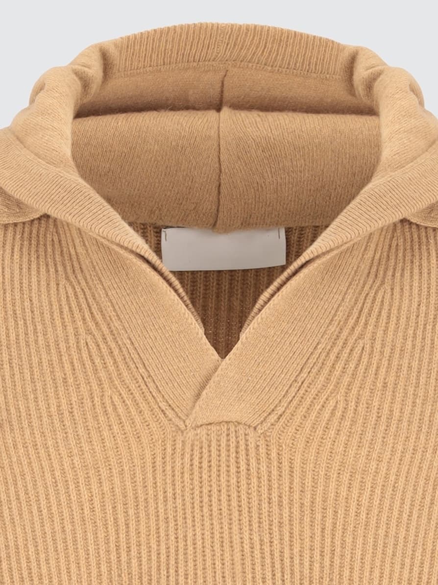 Men's Relaxed Beige V Neck Hooded Sweater Wide Rib Cotton — view 4