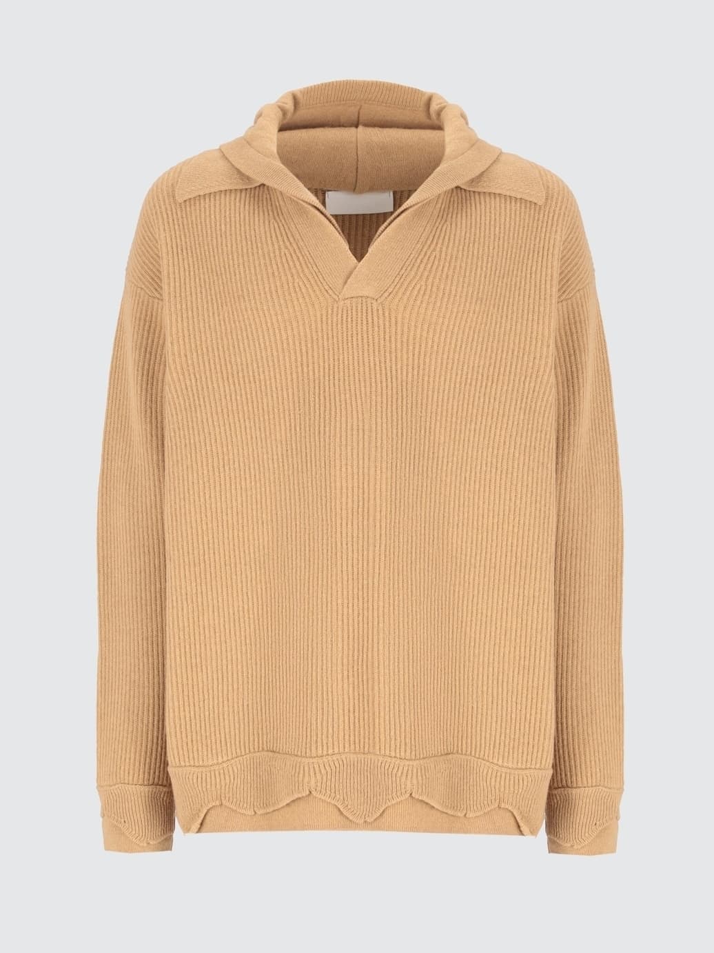 Men's Relaxed Beige V Neck Hooded Sweater Wide Rib Cotton — view 5