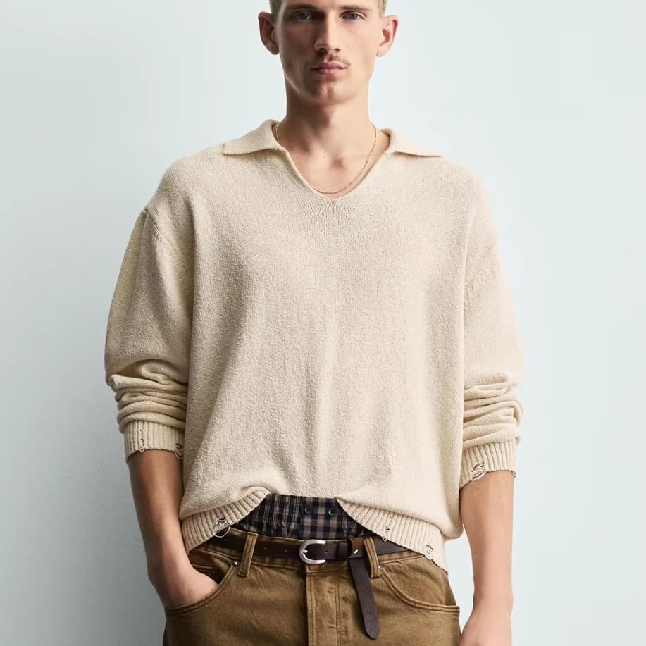 Men's Relaxed Fit Johnny Collar Sweater Linen Cotton Long Sleeve Oversized Beige