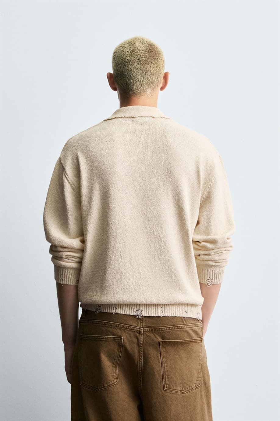 Men's Relaxed Fit Johnny Collar Sweater Linen Cotton Long Sleeve Oversized Beige — view 5