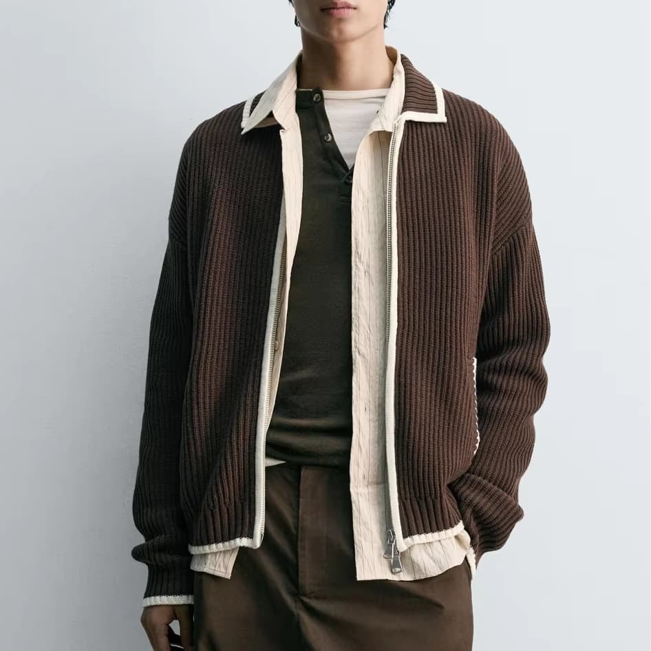 Men's Retro Brown Full Zip Cardigan Cream Tipping Varsity Style Ribbed Knit Jacket Mock Neck