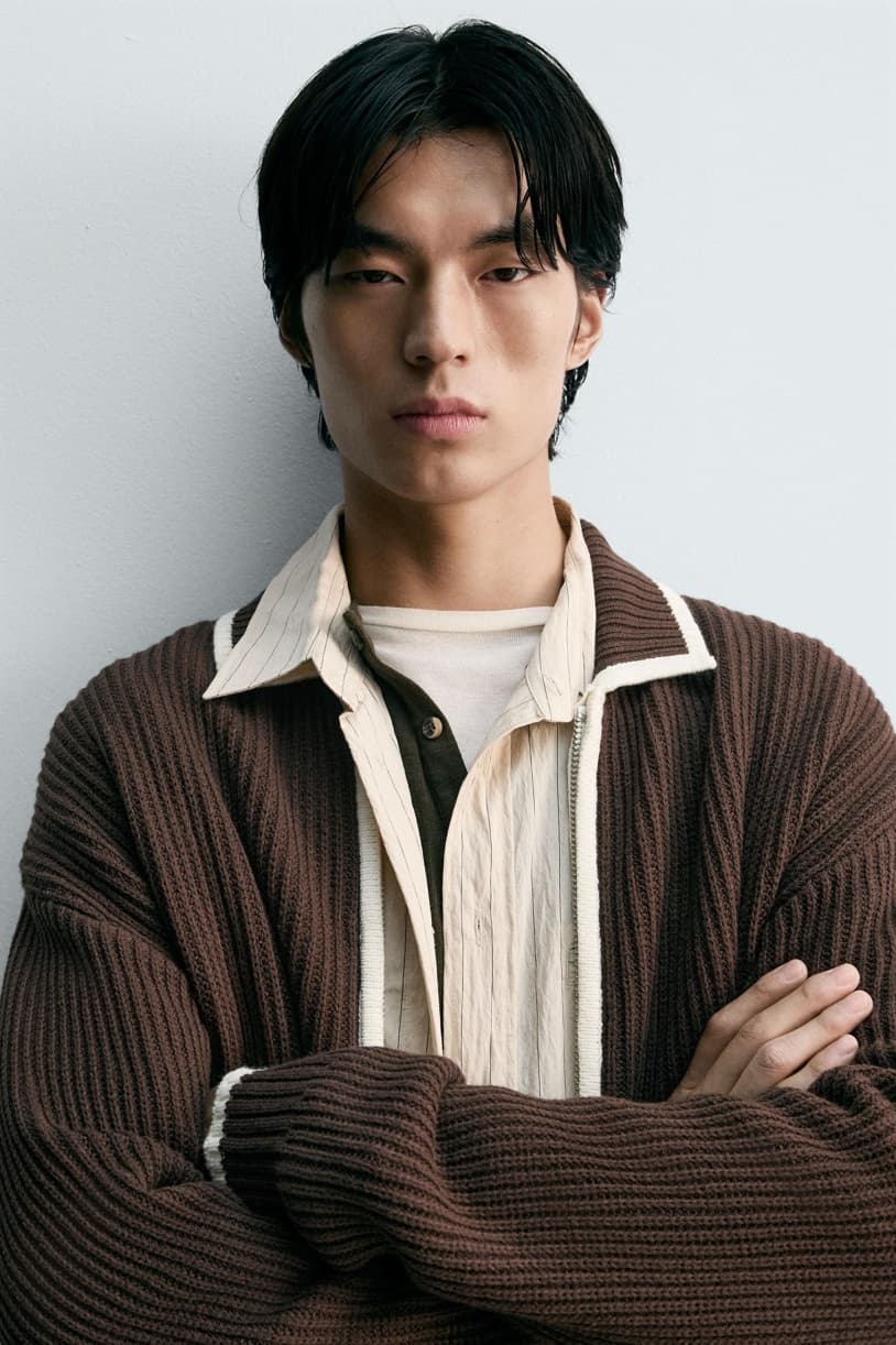 Men's Retro Brown Full Zip Cardigan Cream Tipping Varsity Style Ribbed Knit Jacket Mock Neck — view 5