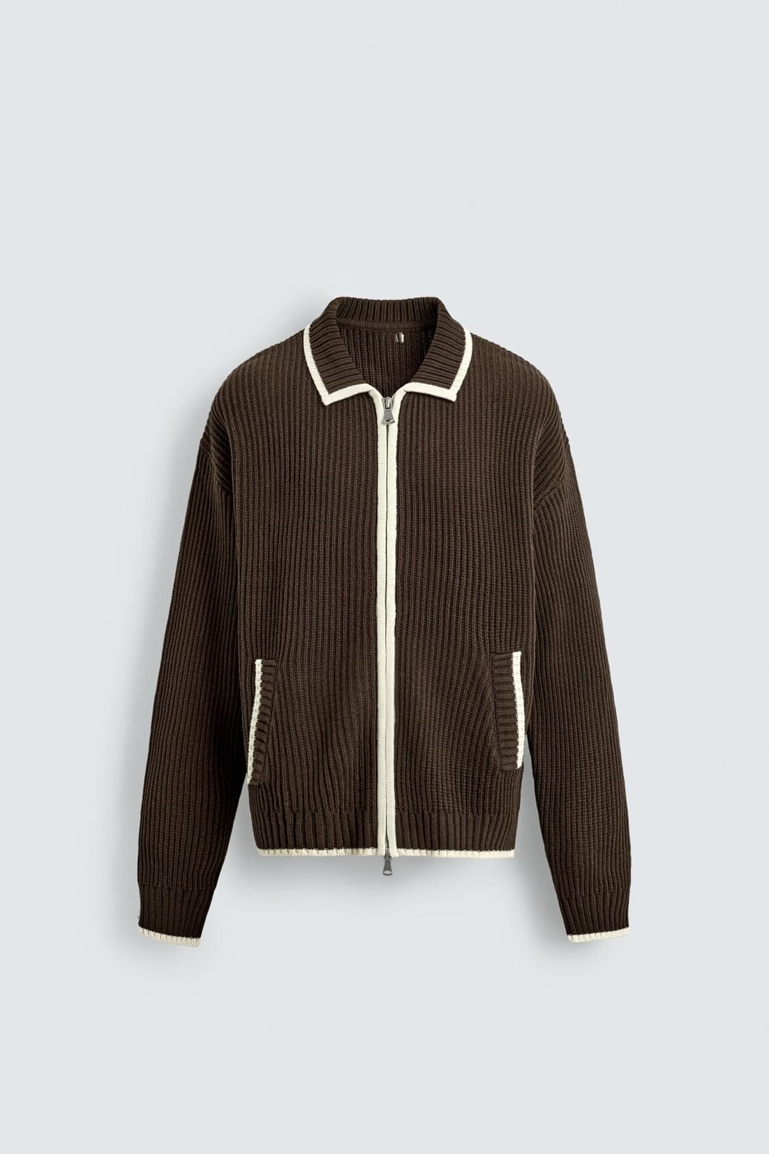 Men's Retro Brown Full Zip Cardigan Cream Tipping Varsity Style Ribbed Knit Jacket Mock Neck — view 6