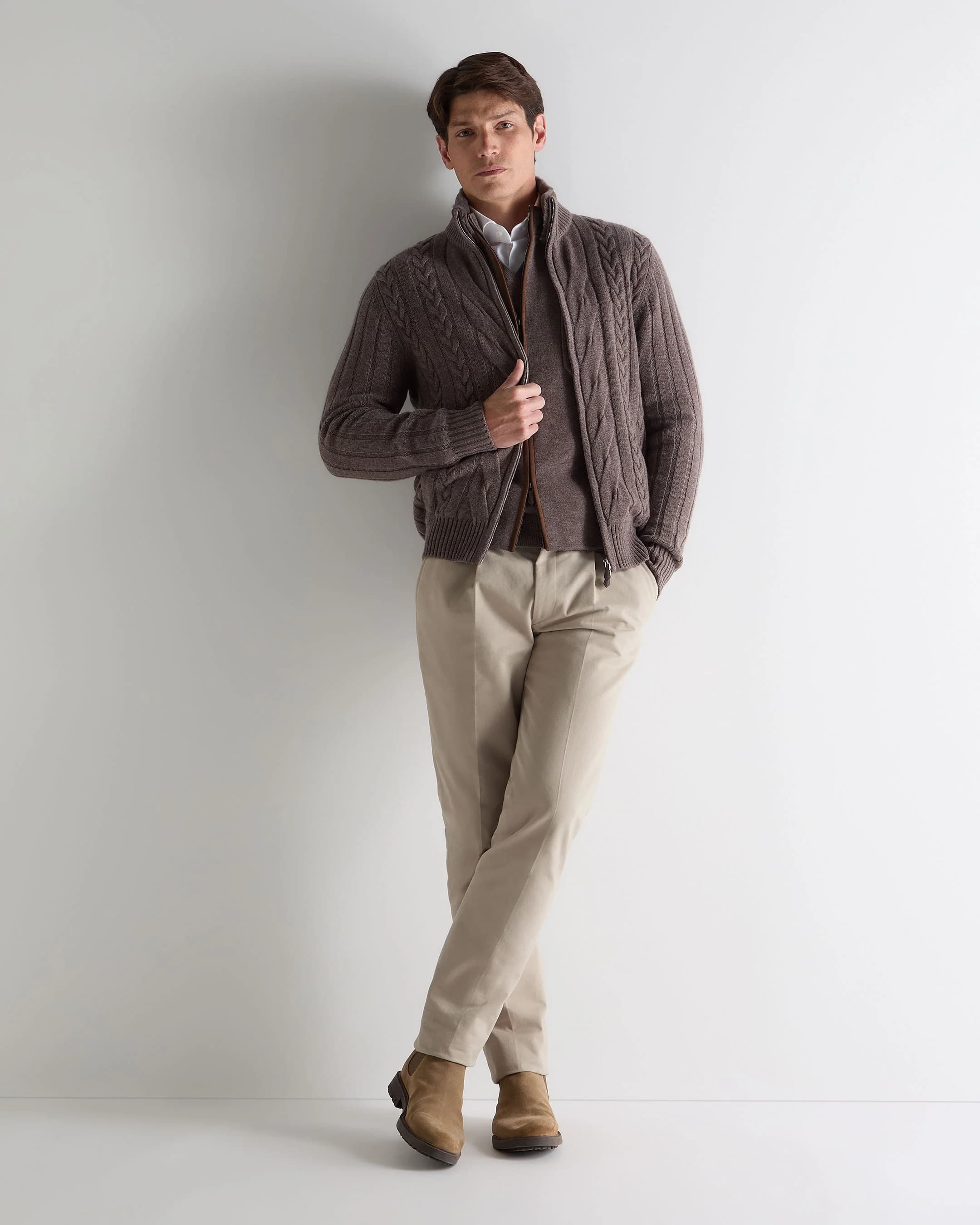Men's Robust Brown Cable Knit Full Zip Cardigan O Neck Wool Jacket — view 3