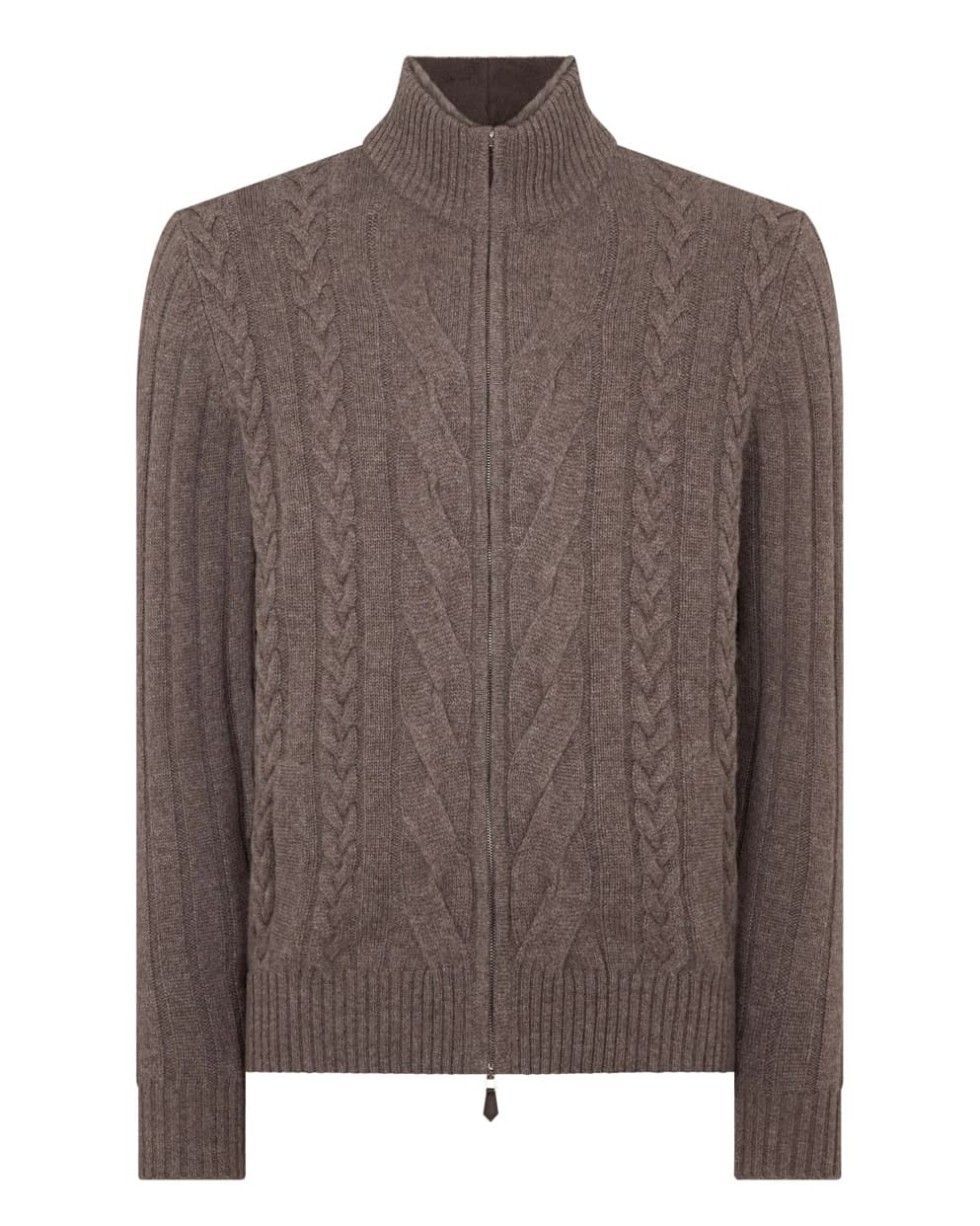 Men's Robust Brown Cable Knit Full Zip Cardigan O Neck Wool Jacket — view 4