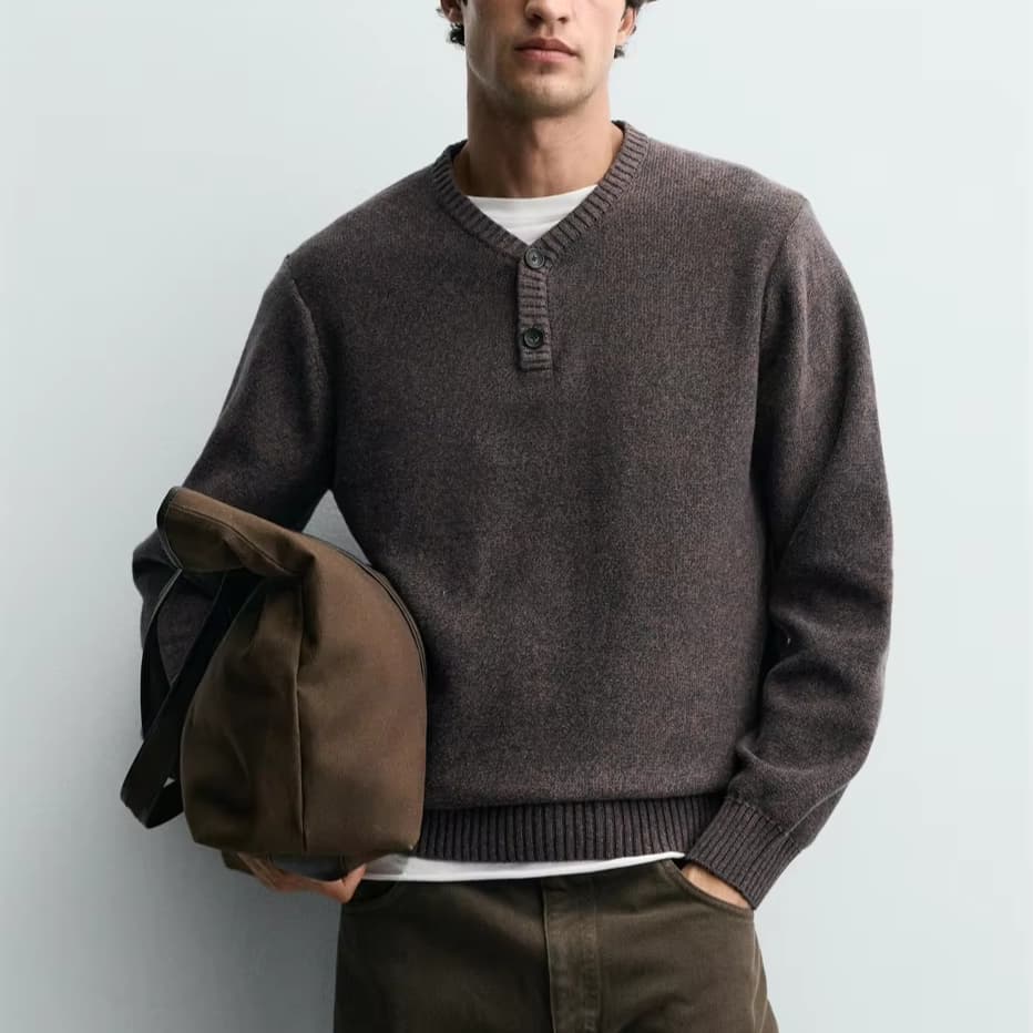 Men's Rustic Dark Brown Heathered Henley Neck Sweater Wool Tweed Button Placket Casual