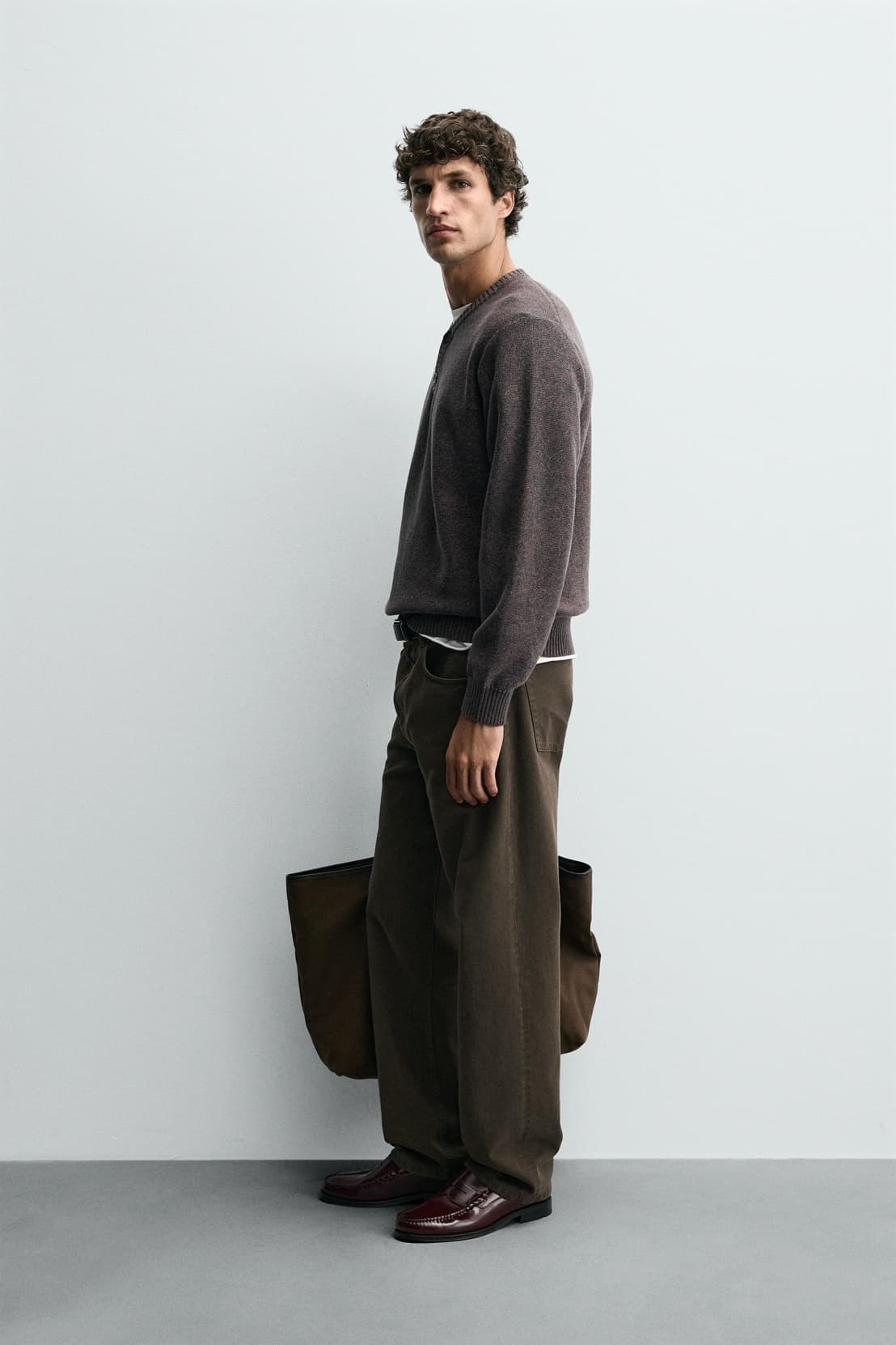 Men's Rustic Dark Brown Heathered Henley Neck Sweater Wool Tweed Button Placket Casual — view 5