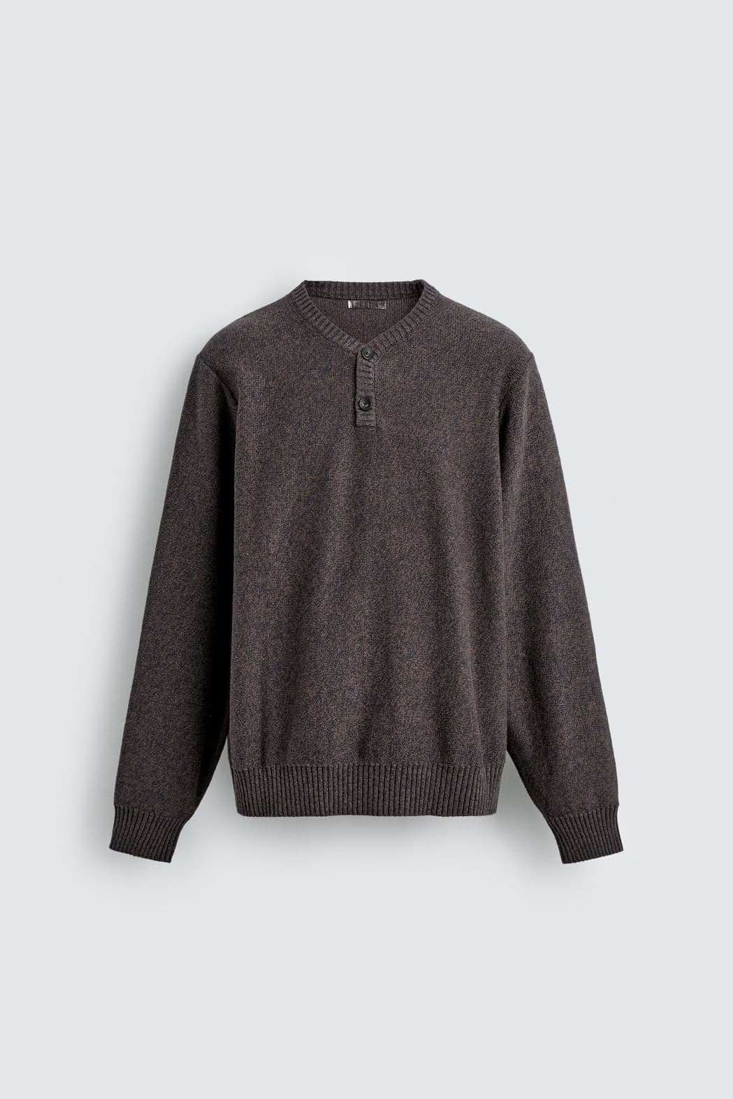Men's Rustic Dark Brown Heathered Henley Neck Sweater Wool Tweed Button Placket Casual — view 6