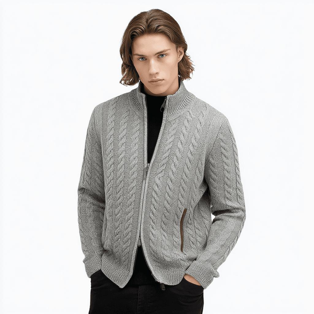 Men's Sporty Grey Cable Knit Full Zip Jacket Zipper Pocket Cardigan Wool