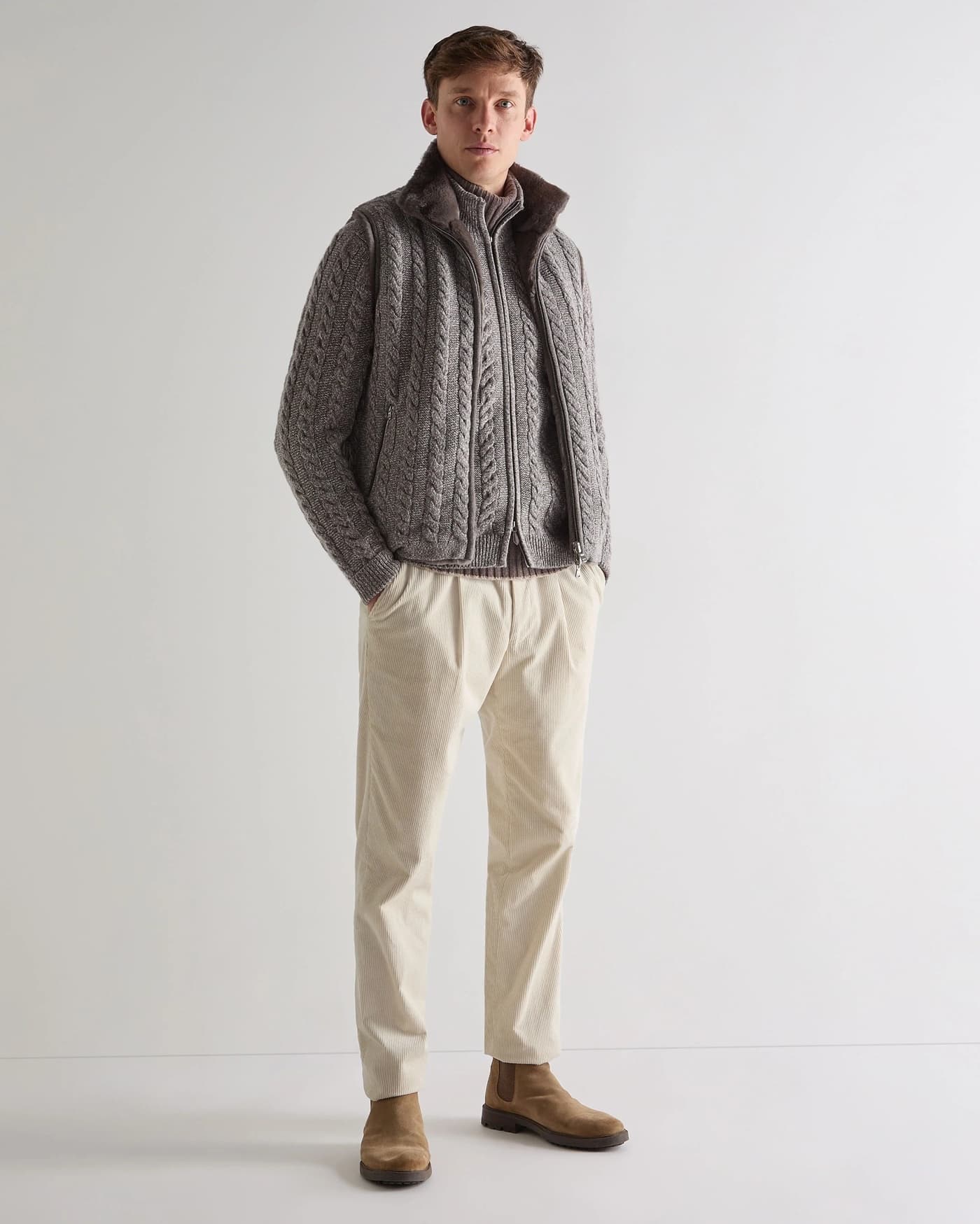 Men's Sporty Grey Cable Knit Full Zip Jacket Zipper Pocket Cardigan Wool — view 5