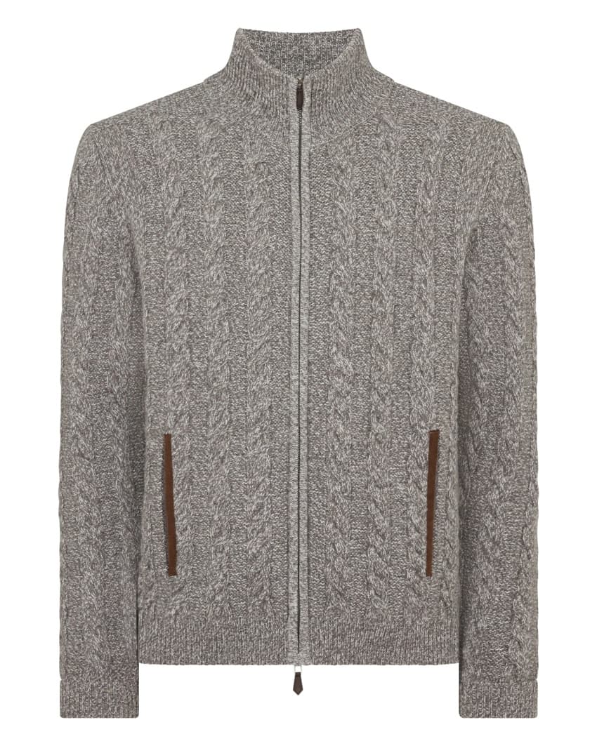 Men's Sporty Grey Cable Knit Full Zip Jacket Zipper Pocket Cardigan Wool — view 6