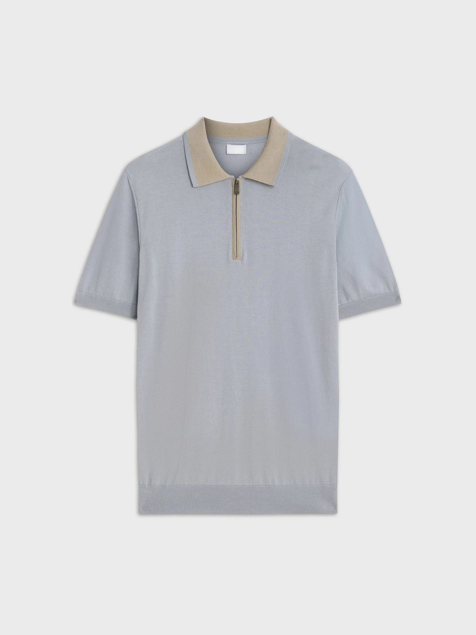 Men's Spring Summer Fine Knit Polo Light Blue Cotton Half Zip Contrast Collar — view 5